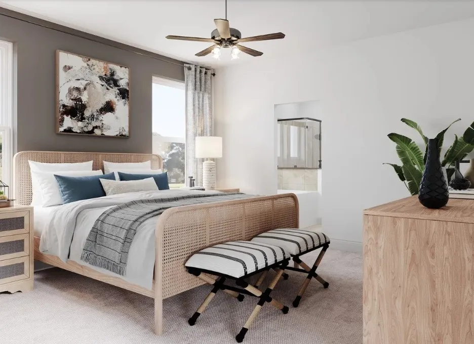 Wall-mounted ceiling fan with light fixture, large window with drapes, and wood-finish furniture