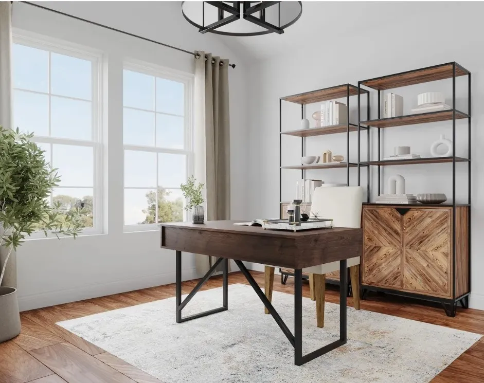 Dual windows with white trim, wood-finish flooring, and a contemporary ceiling fixture