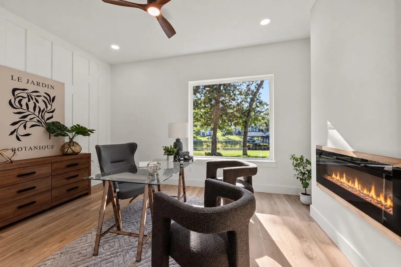 waterside office with fireplace that could be used as a bedroom.  