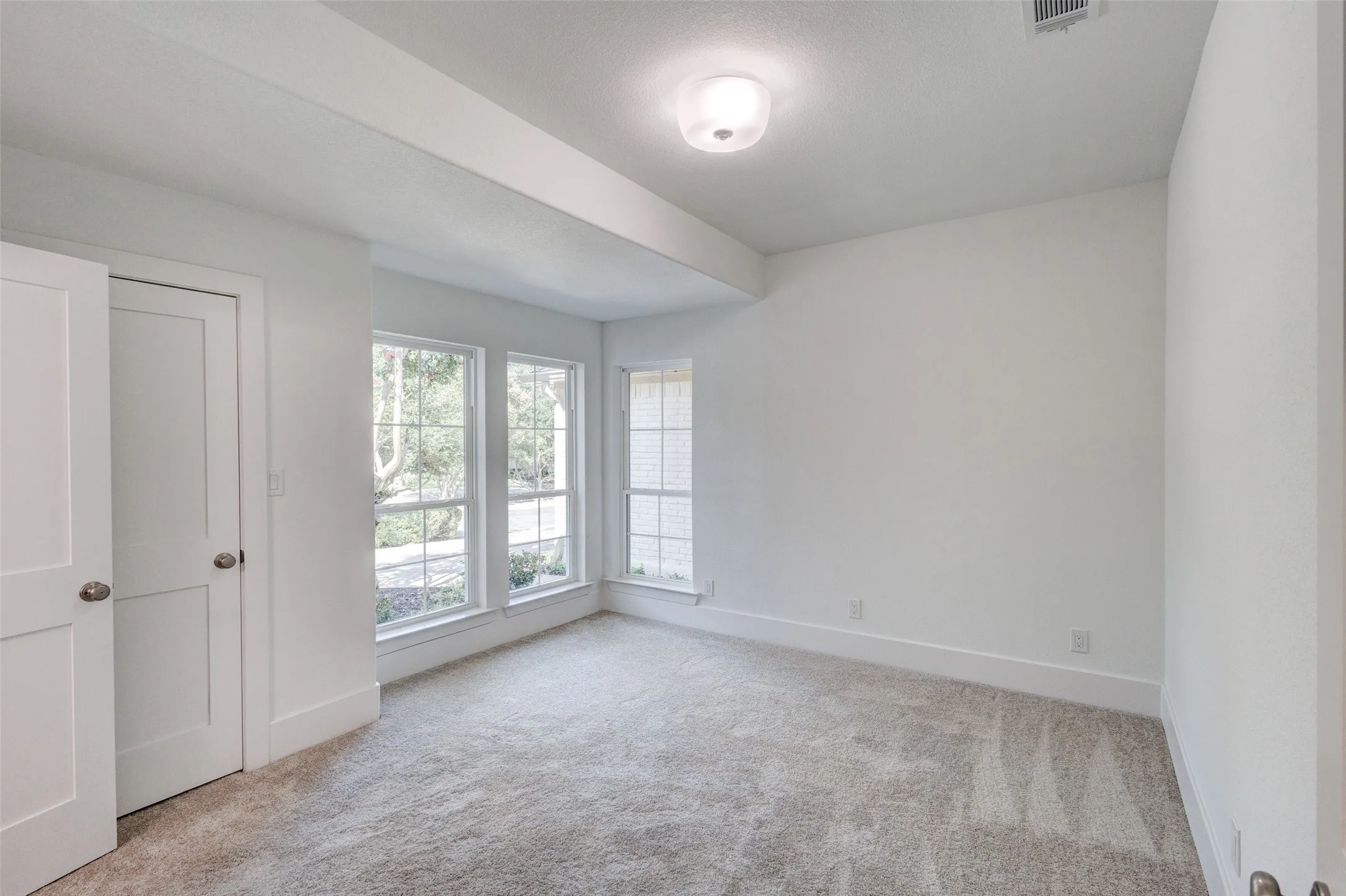 Plush carpet flooring, multiple windows, contemporary flush mount lighting, and white trim