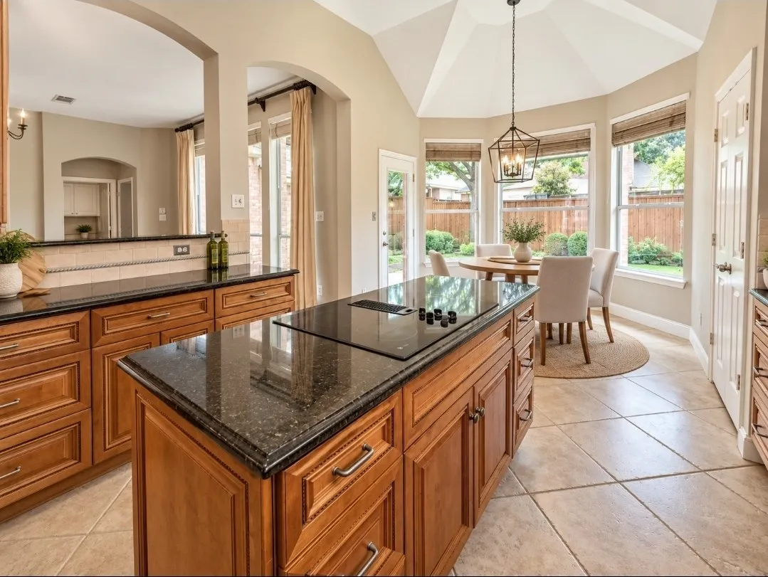 Kitchen featuring wood-finish cabinetry, dark countertops, a built-in cooktop, and tile flooring
