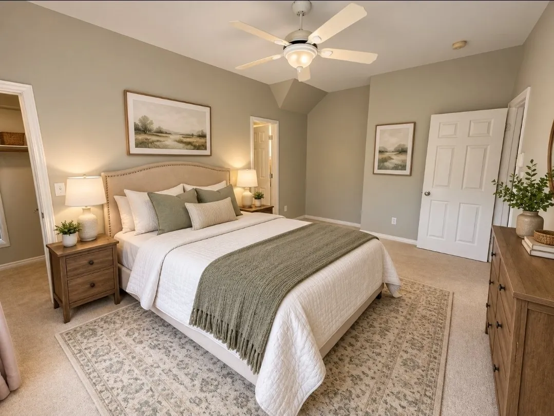 Carpeted bedroom featuring an upholstered headboard, a ceiling fan with integrated lighting, and a paneled door