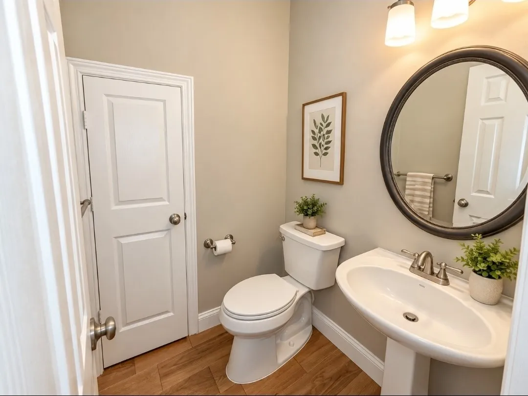 Pedestal sink with brushed nickel faucet, wood-finish flooring, and a circular framed mirror with a three-light vanity fixture