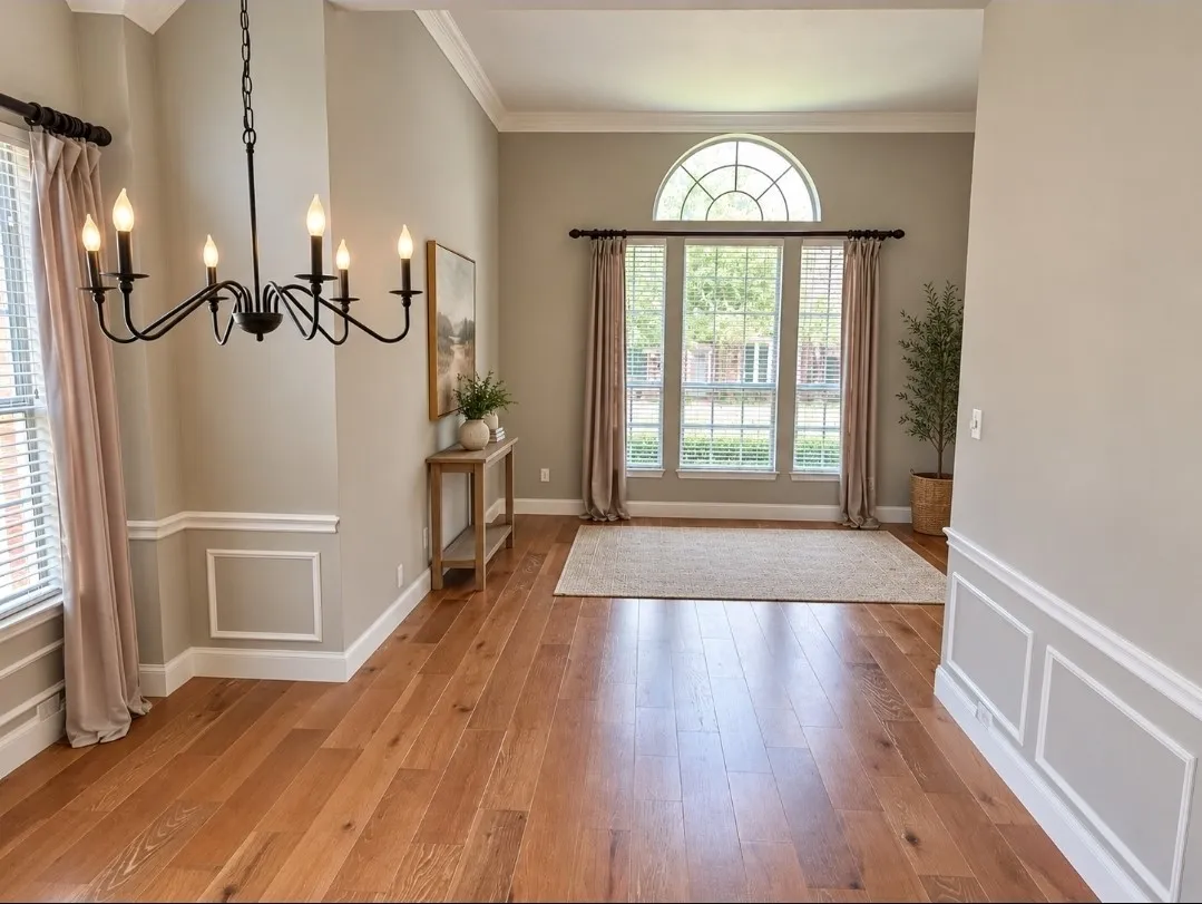 Hardwood flooring, decorative wall paneling, crown molding, arched transom window, and a chandelier with a matte black finish