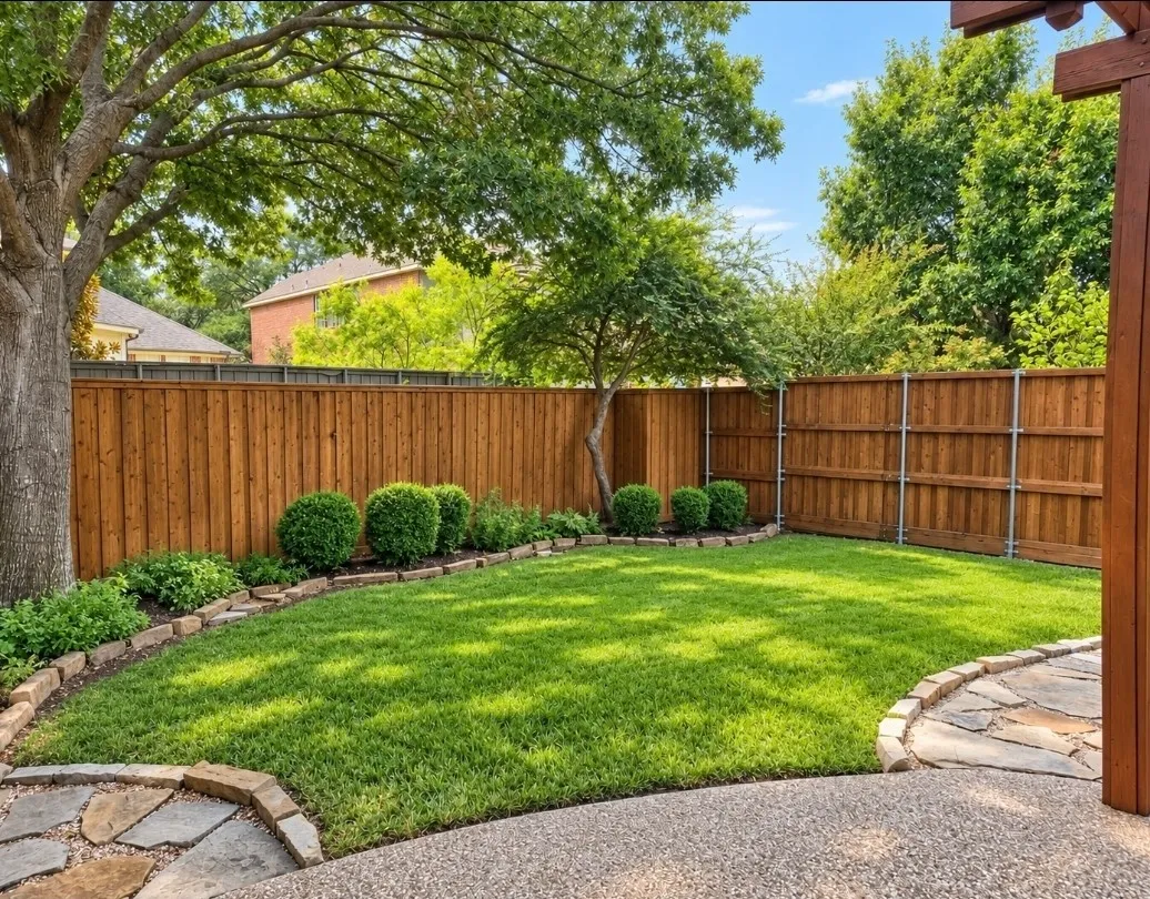 Expansive backyard featuring a lush lawn, privacy fencing, mature trees, and stone-edged landscaping