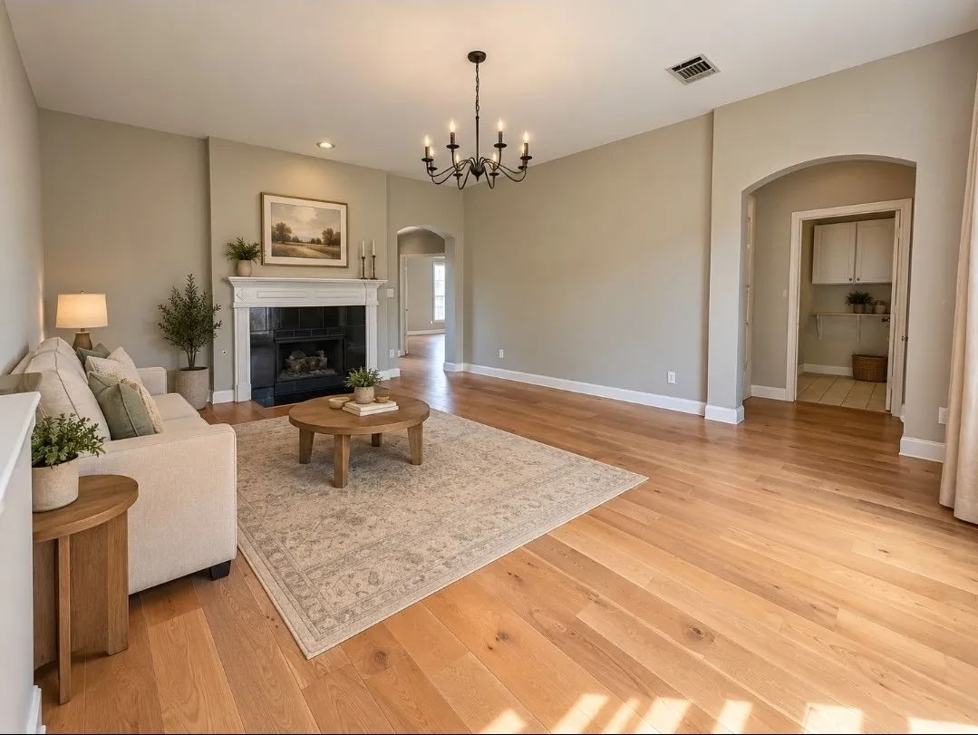 Expansive living area featuring light wood-finish flooring, a central fireplace with a white mantel, and an arched doorway