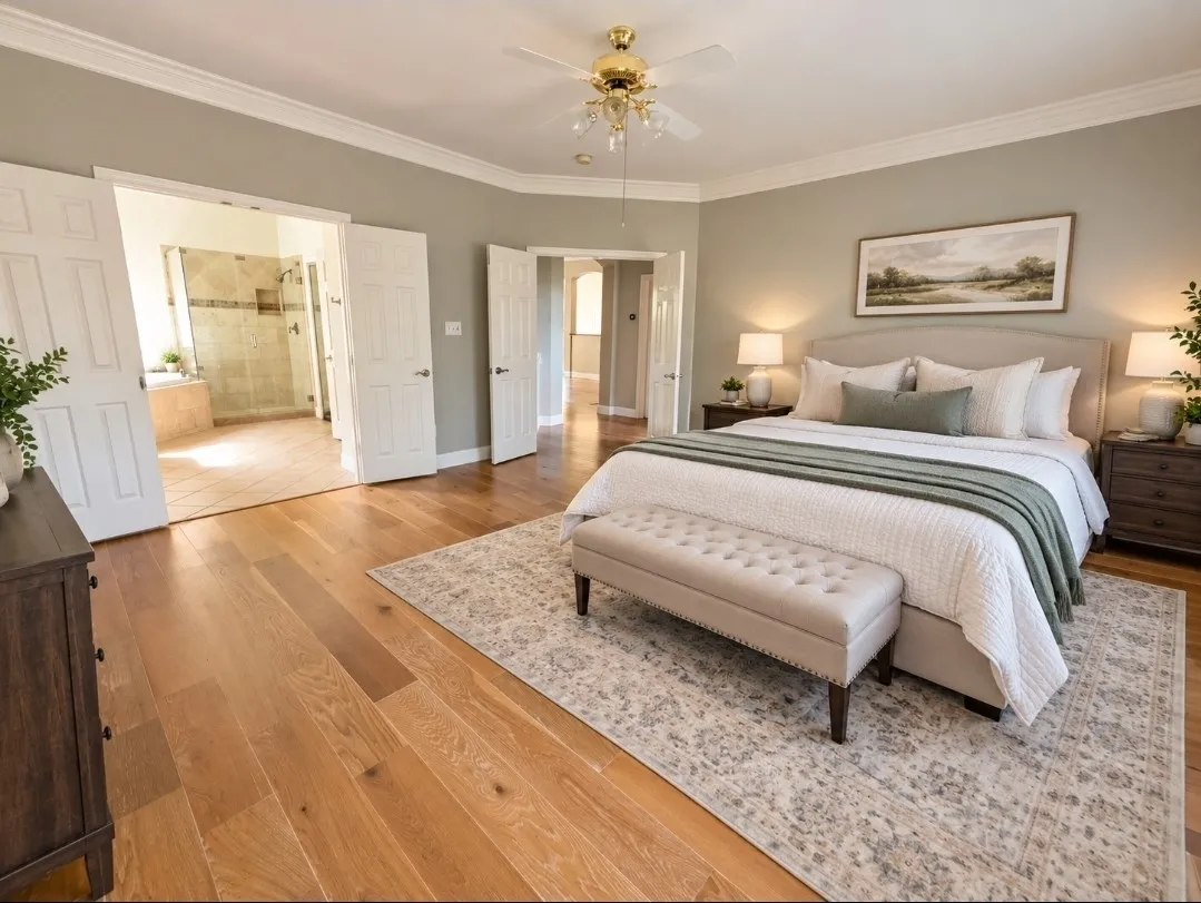 Hardwood flooring, crown molding, and a ceiling fan with light fixture
