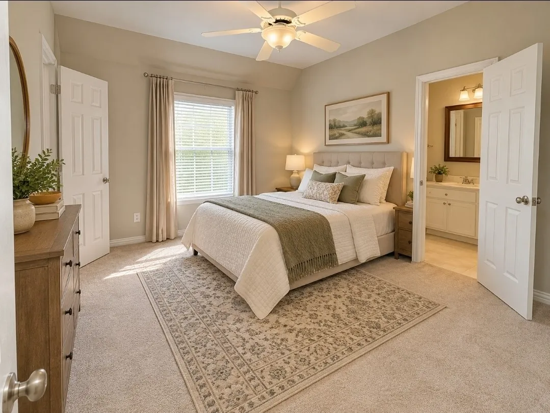 Carpeted room with a ceiling fan, window with blinds, and white paneled doors
