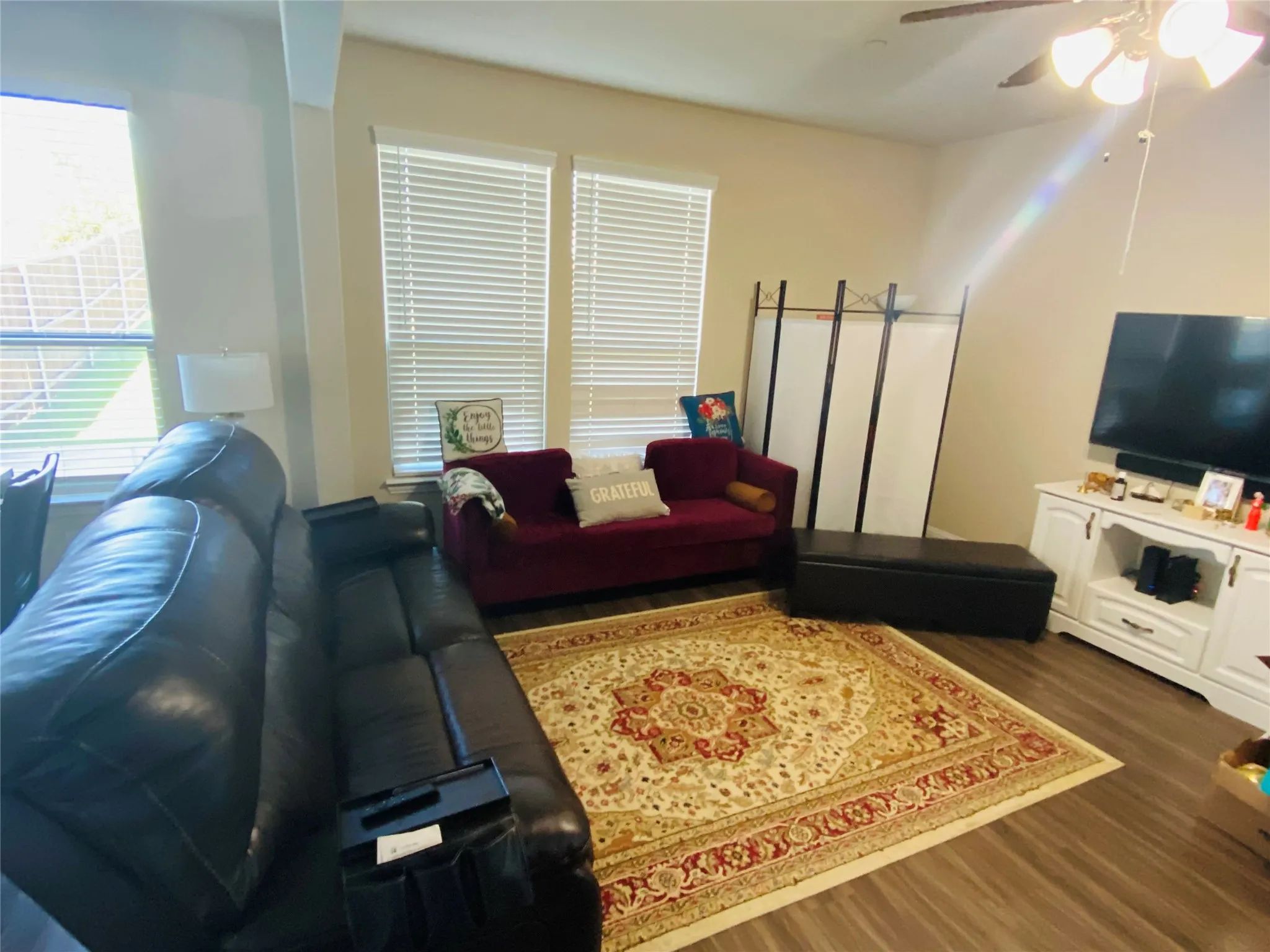 Living room featuring ceiling fan and wood finished floors