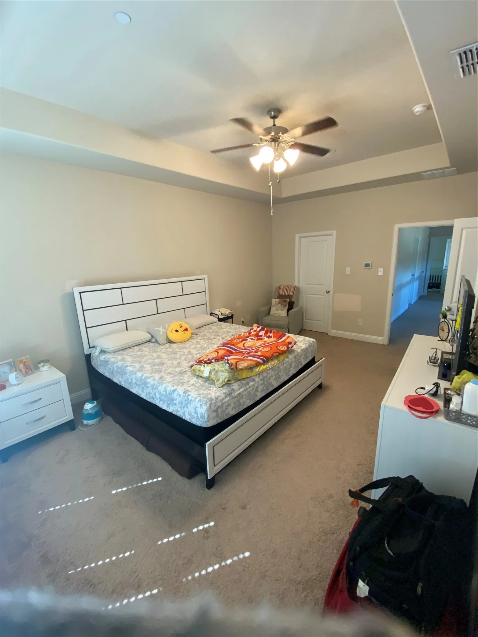 Bedroom with carpet floors and a raised ceiling