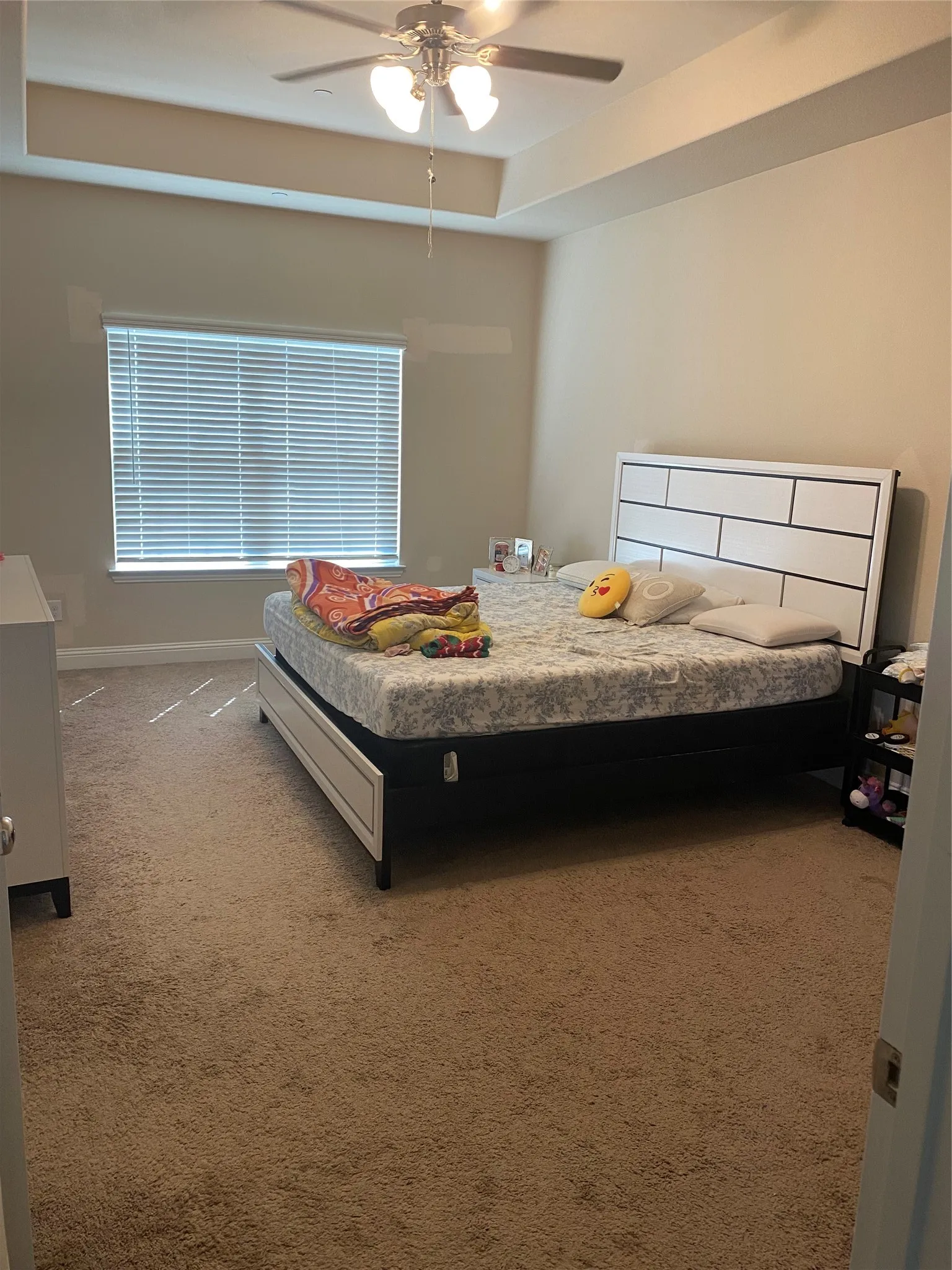 Bedroom featuring a raised ceiling, carpet flooring, and ceiling fan