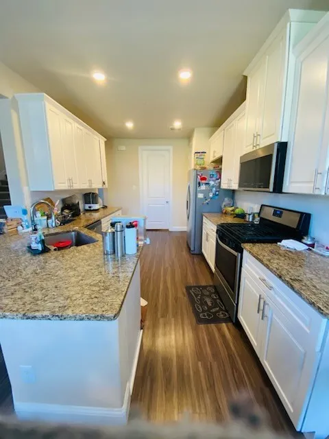 Kitchen featuring appliances with stainless steel finishes, white cabinetry, dark wood finished floors, a peninsula, and recessed lighting