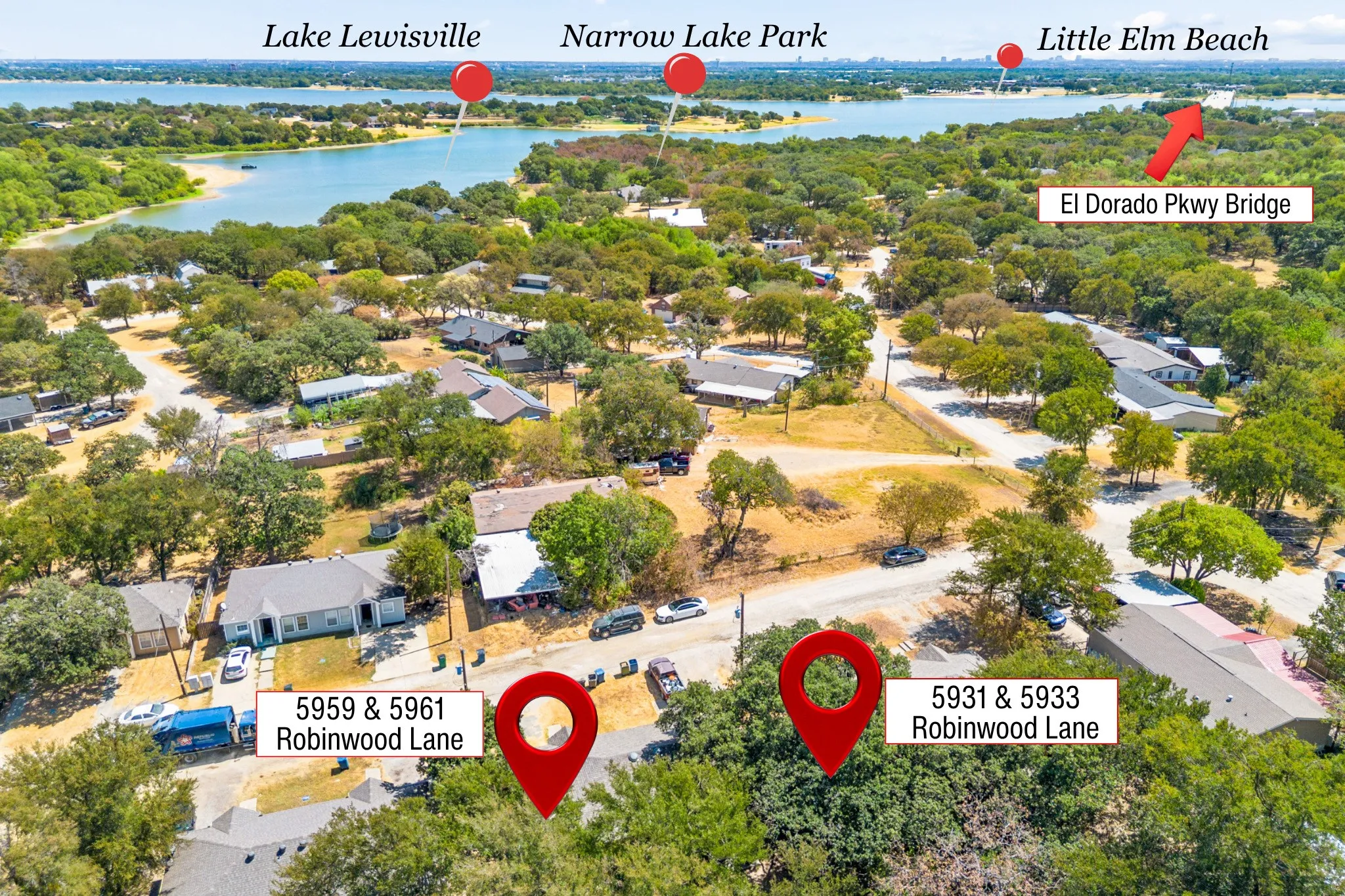 Aerial perspective highlights the established Little Elm setting and convenient access to surrounding shopping, dining, recreation and major roadways.