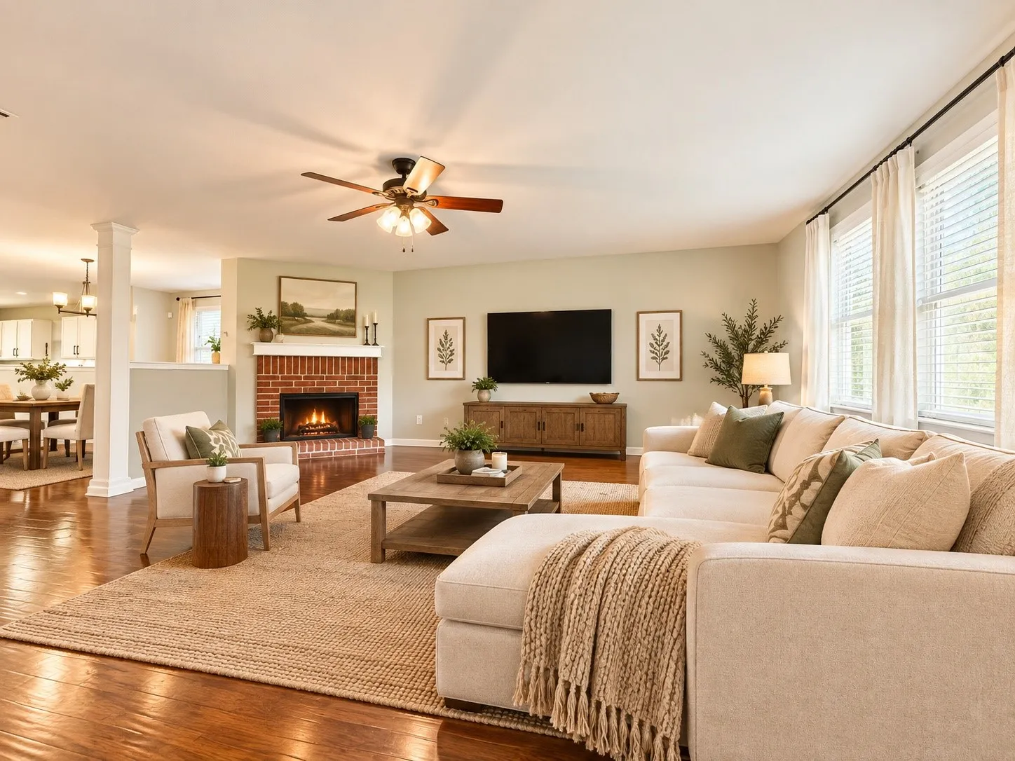 Open concept living space featuring a brick fireplace, hardwood look flooring, and multiple windows, virtual staged