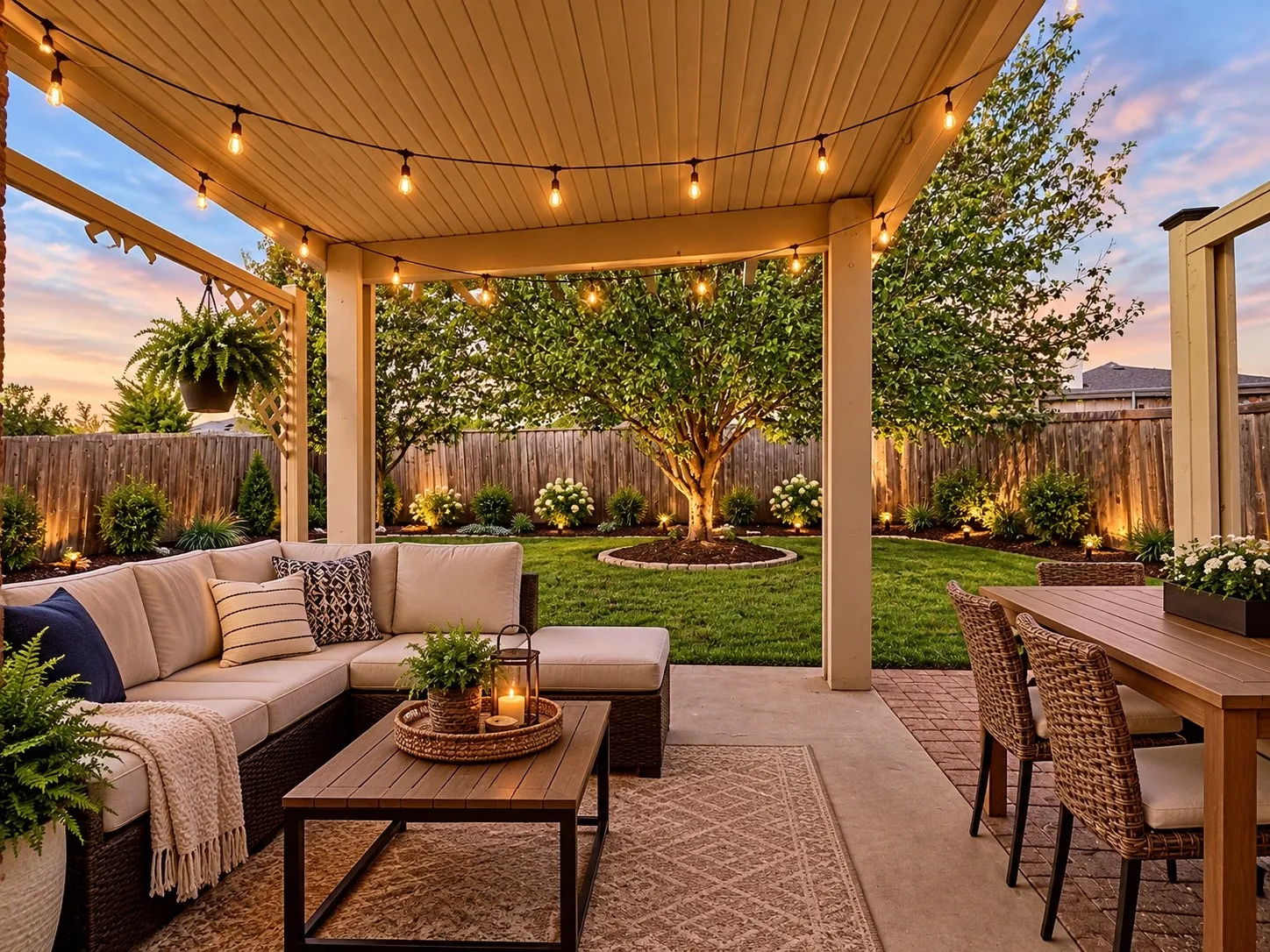 Covered patio with string lighting, paved and concrete flooring, and a fenced backyard featuring a manicured lawn and trees, virtual staged