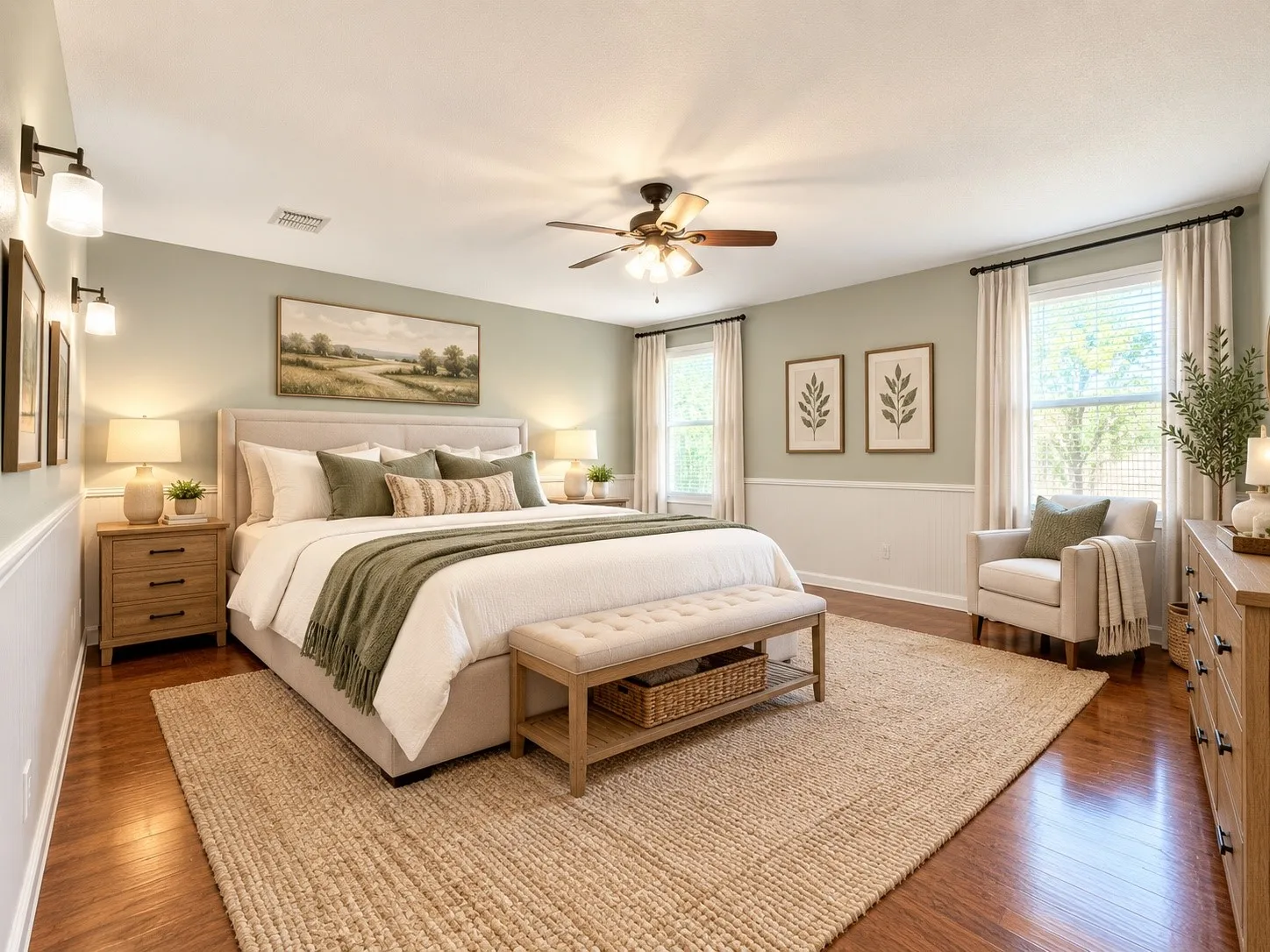 Wood-finish look flooring with wainscoting, a ceiling fan, and sconce lighting, virtual staged