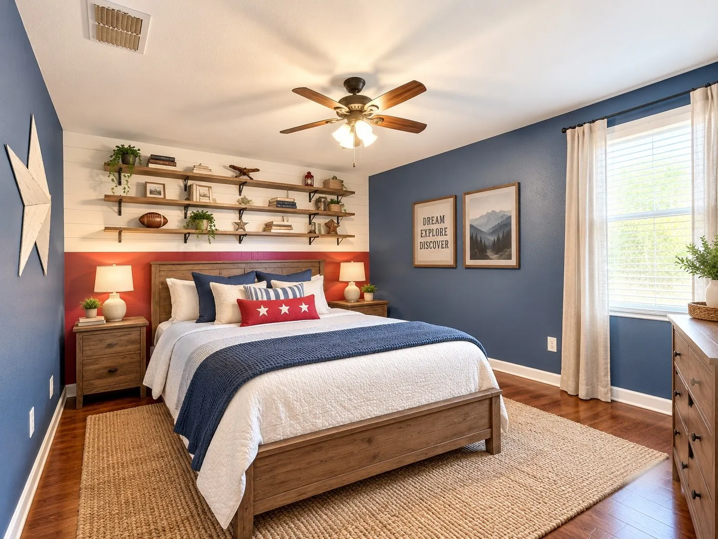 Wood-finish look flooring, ceiling fan, and built-in shelving, Texas room, virtual staged