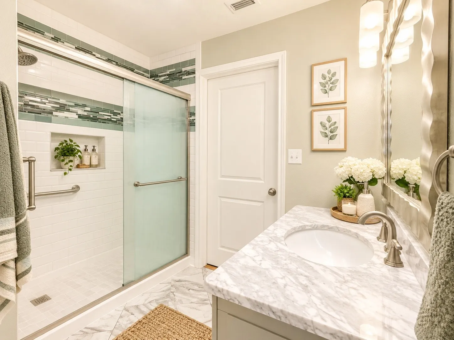 Tiled shower with sliding glass door, integrated niche, and grab bars, virtual staged