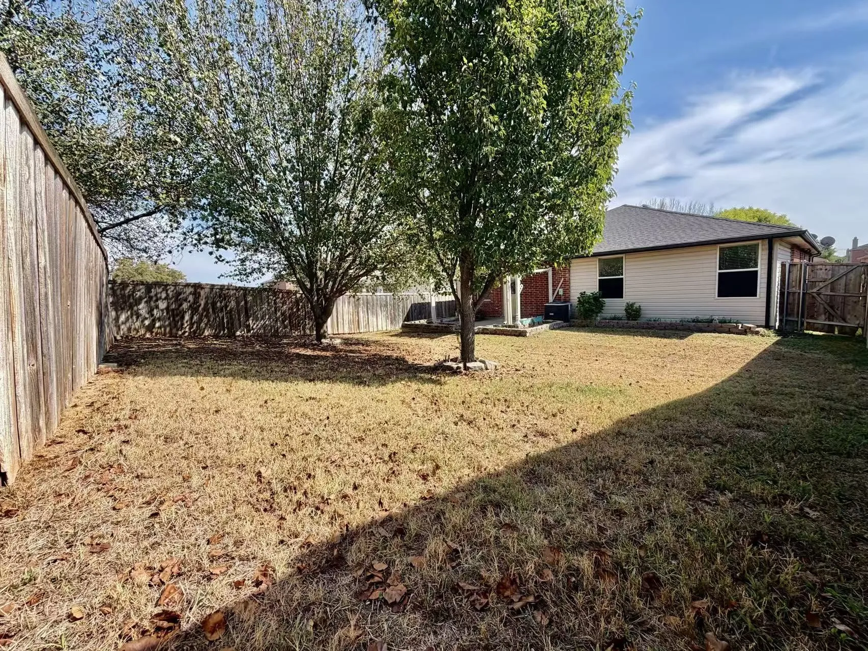Expansive backyard featuring mature trees, wood fence perimeter, and a contemporary single-story exterior