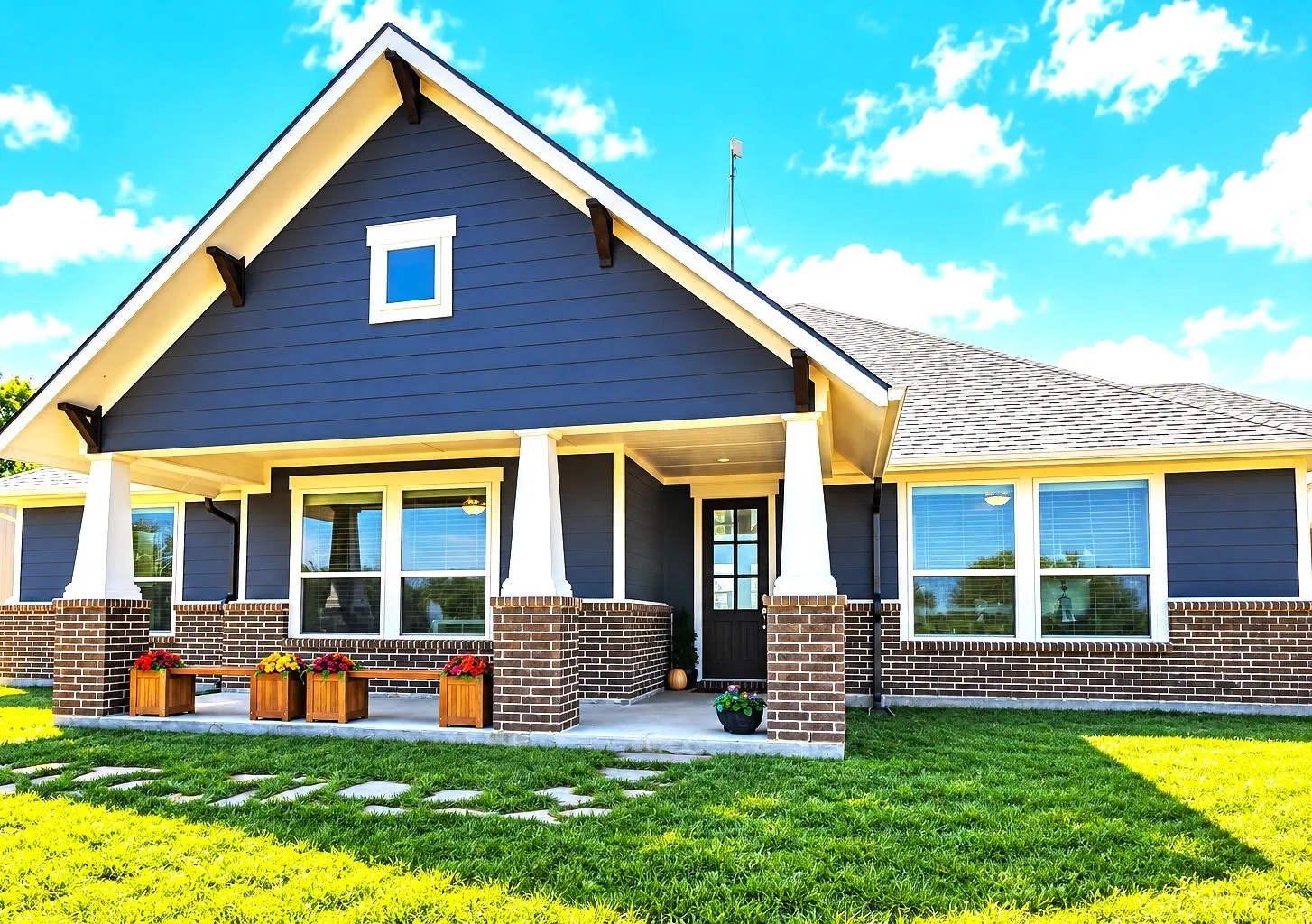 Exterior featuring blue siding, brick accents, white trim, a covered porch, and a dark entry door with glass panels