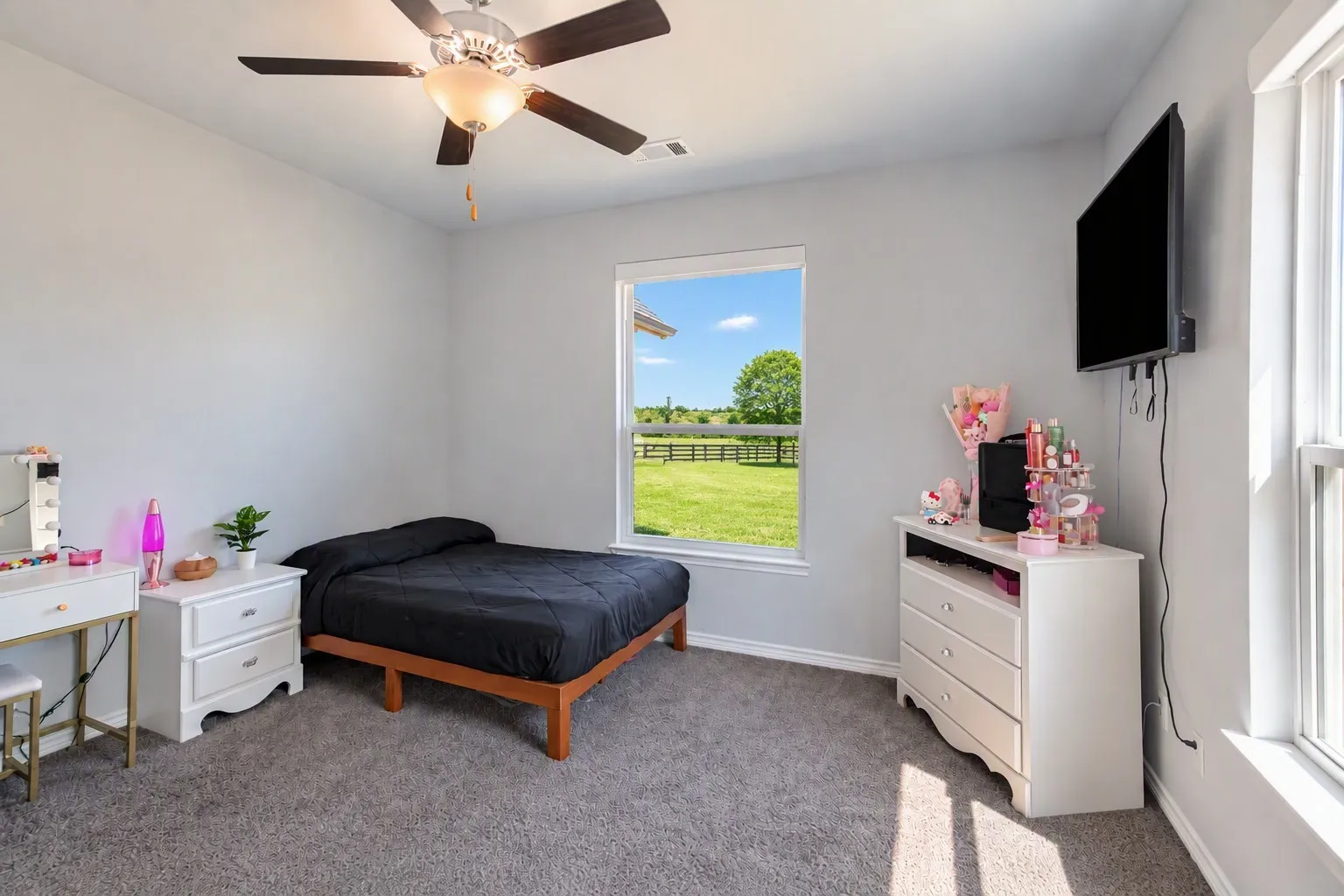 Wall-mounted television, ceiling fan with integrated lighting, two windows with natural light, and gray carpeting