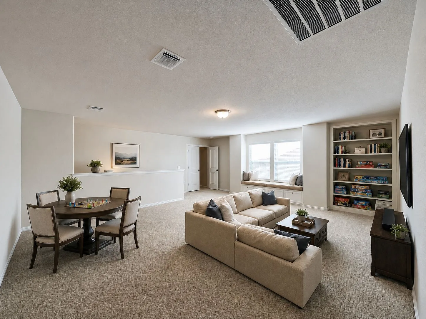 AI ENHANCED Spacious upper-level room featuring light neutral walls and plush carpet flooring