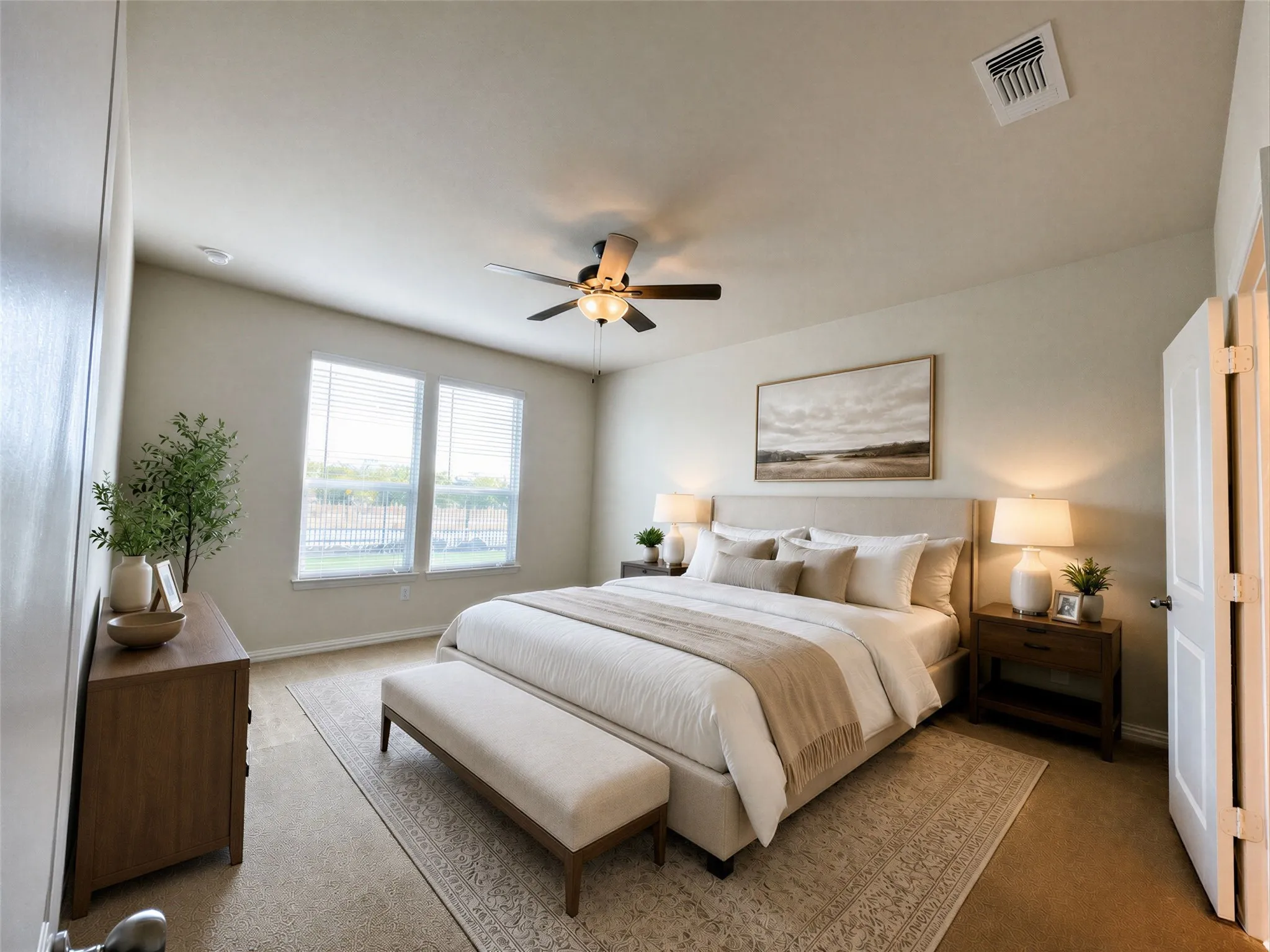 AI ENHANCED Bedroom featuring light-toned walls, two windows with blinds, a ceiling fan with integrated lighting, and wood-finish flooring