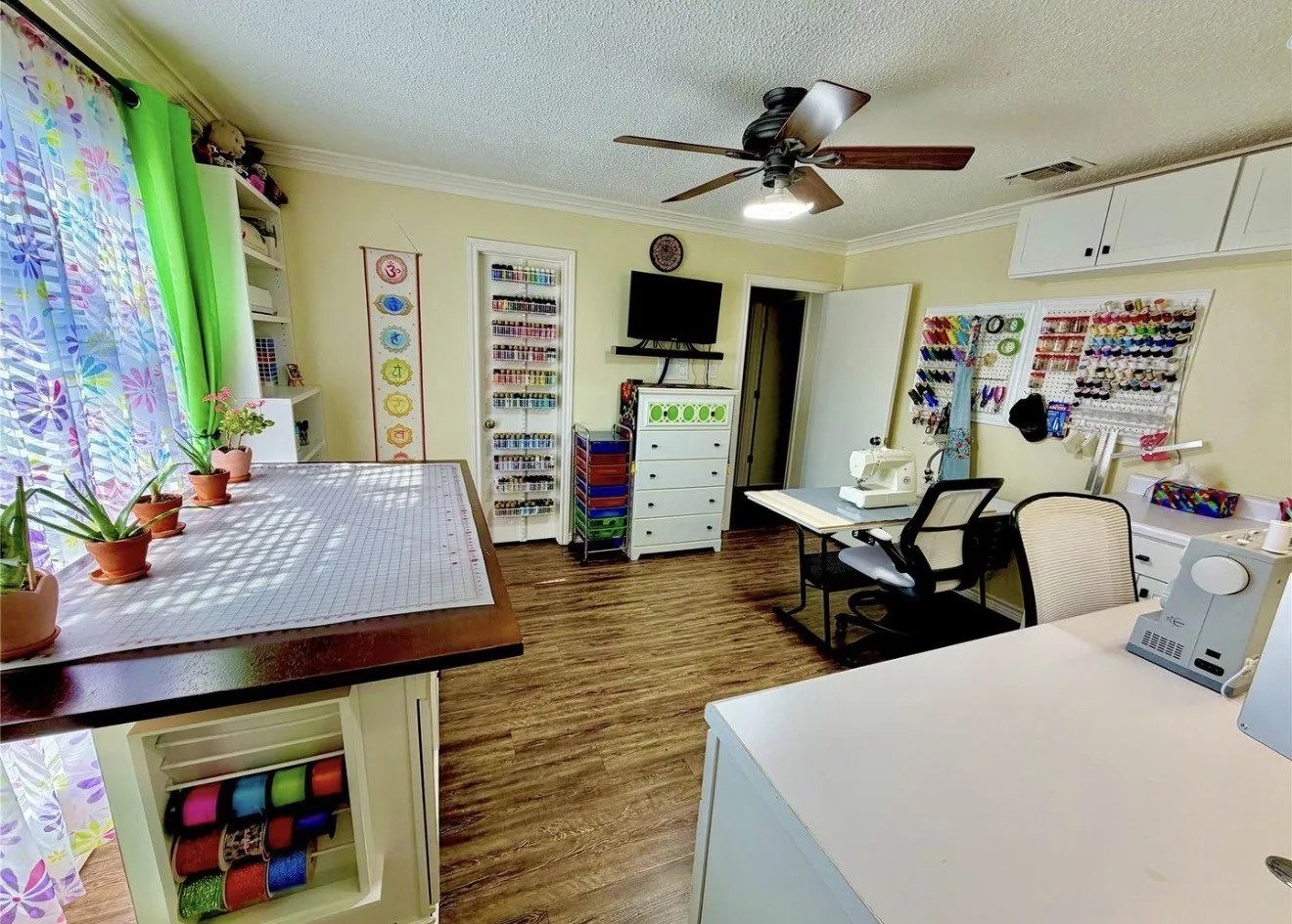 Warm-toned wall paint with wood-finish flooring