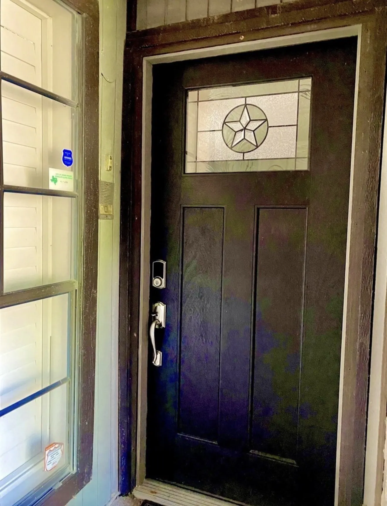 Custom front door with stain glass inlay.