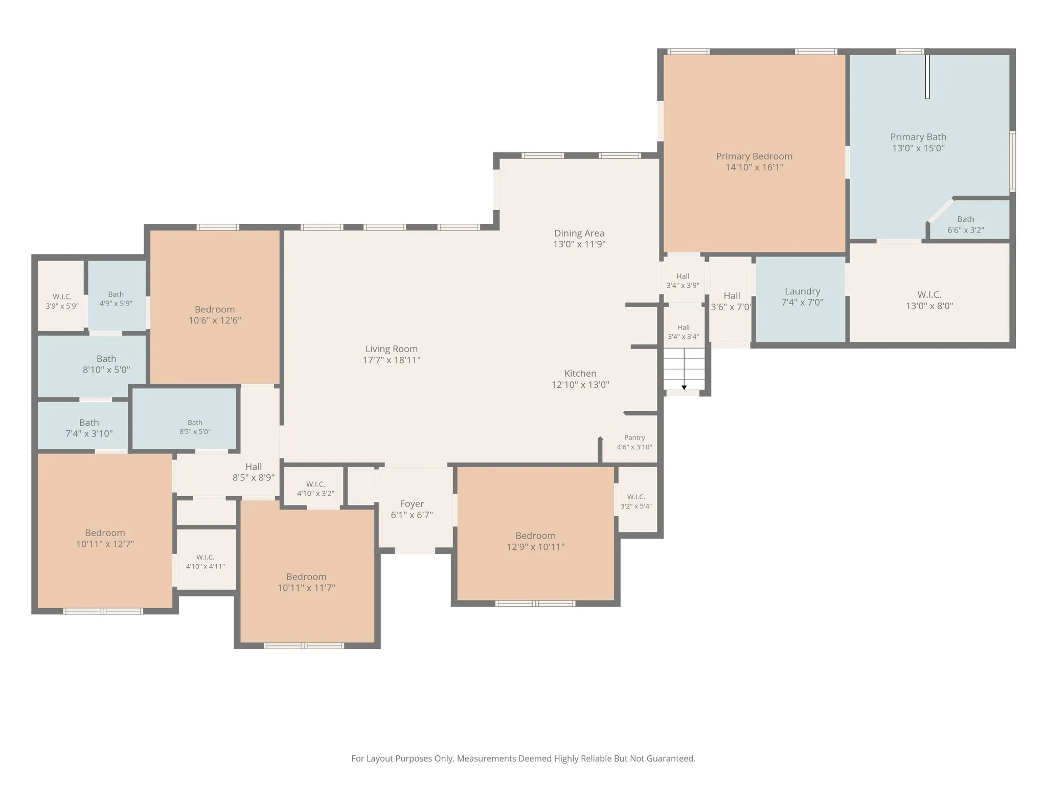 First-floor layout highlights a spacious, thoughtfully designed floor plan with an open living and kitchen area, private primary suite, multiple bedrooms and dedicated office.