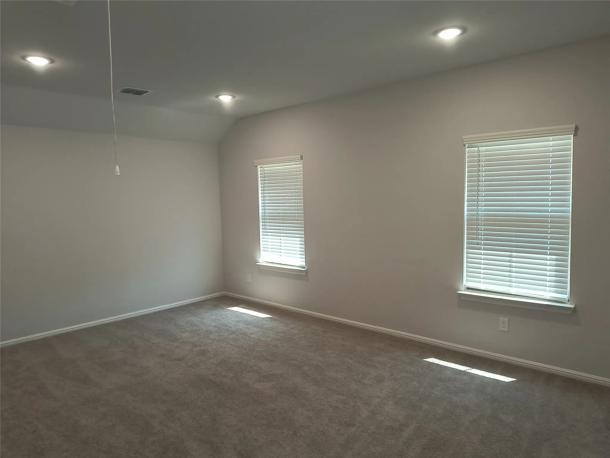 Plush carpet flooring, multiple recessed lighting fixtures, two windows with blinds, and painted walls