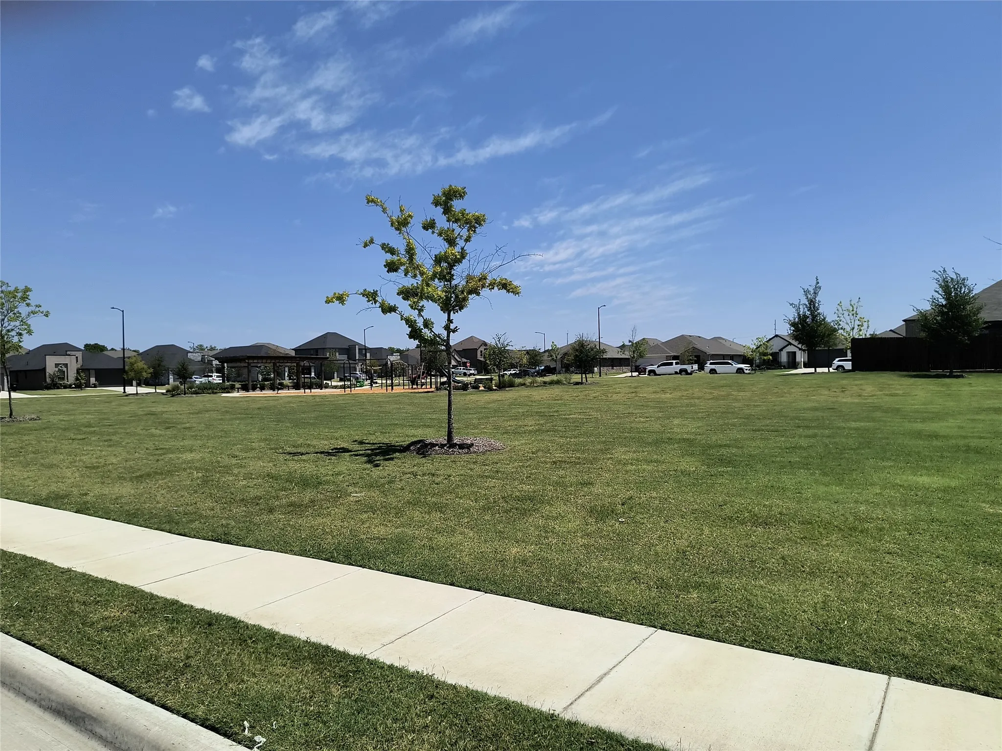 Expansive green space featuring a manicured lawn, established trees, and a concrete sidewalk
