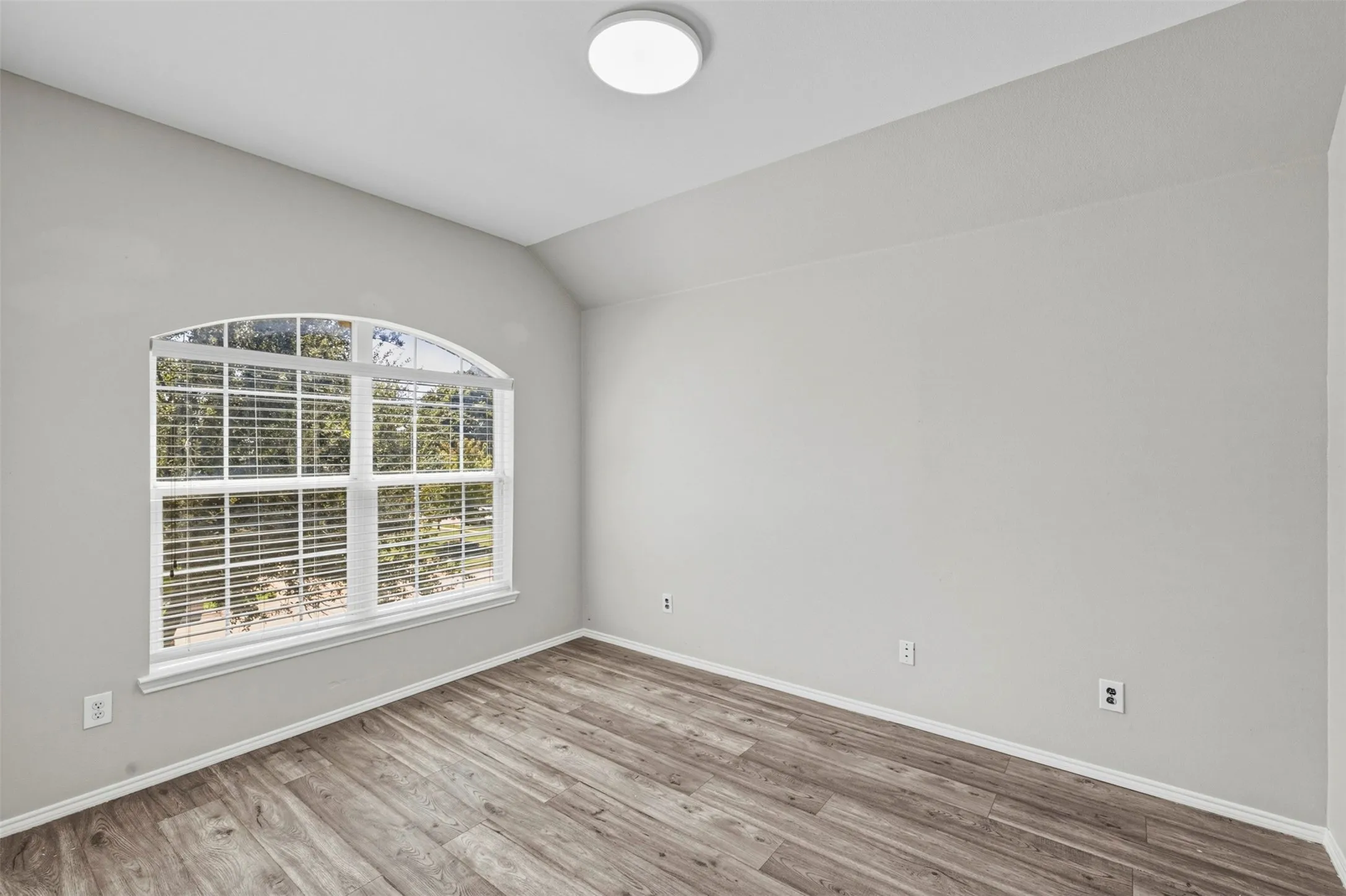 Arch-top window with blinds, wood-finish flooring, and recessed lighting