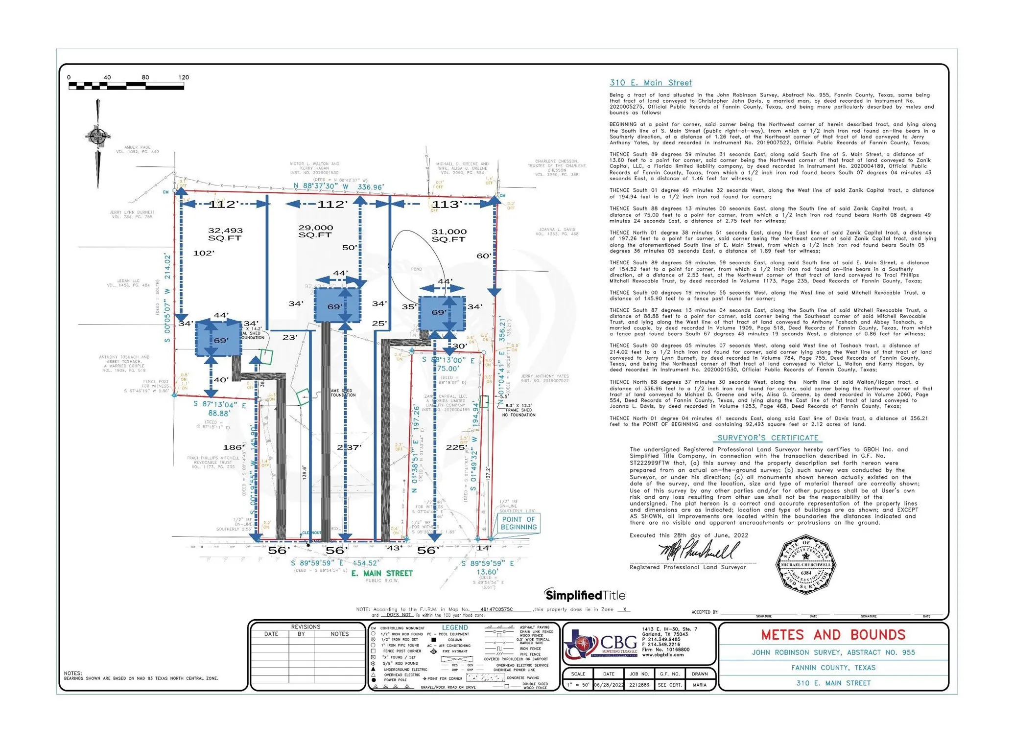 Survey Plat. Illustrating the property boundaries, dimensions, and metes and bounds description
