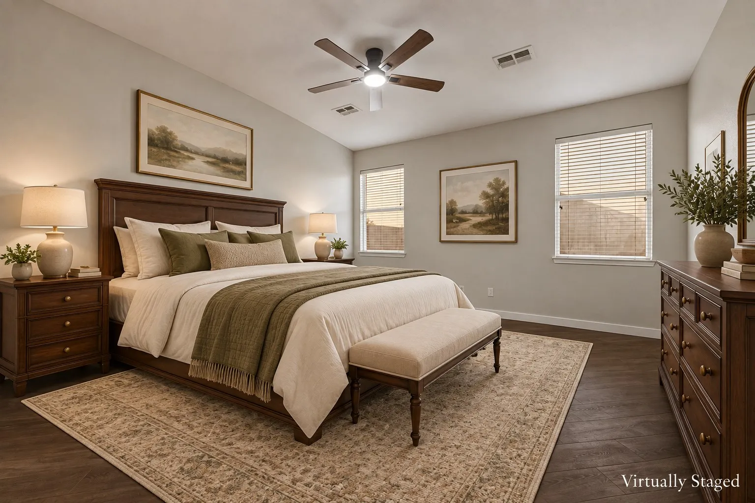 Primary bedroom with a ceiling fan with integrated lighting, wood-finish flooring, multiple windows with blinds.
