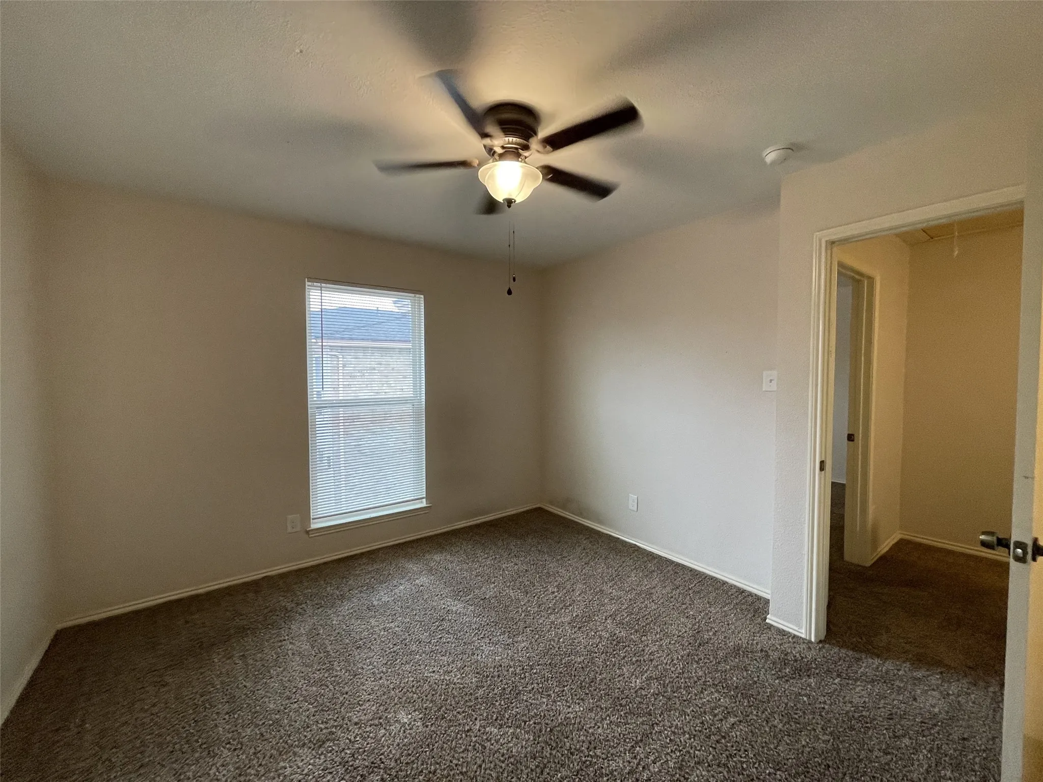 Textured carpeting, neutral wall tones, a ceiling fan with integrated lighting, and a window with blinds