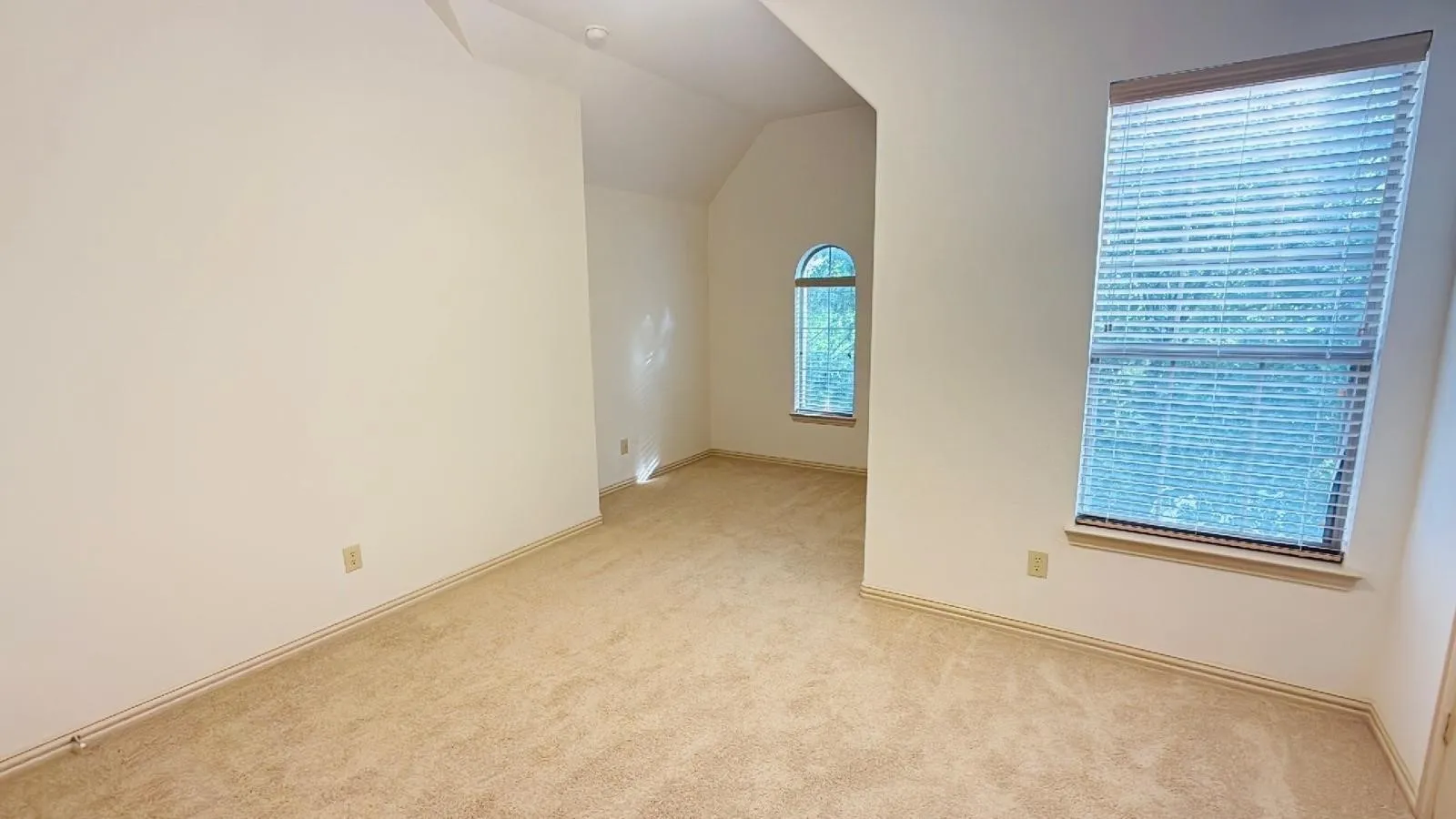 Spacious room with sloped ceilings and light-colored carpeting