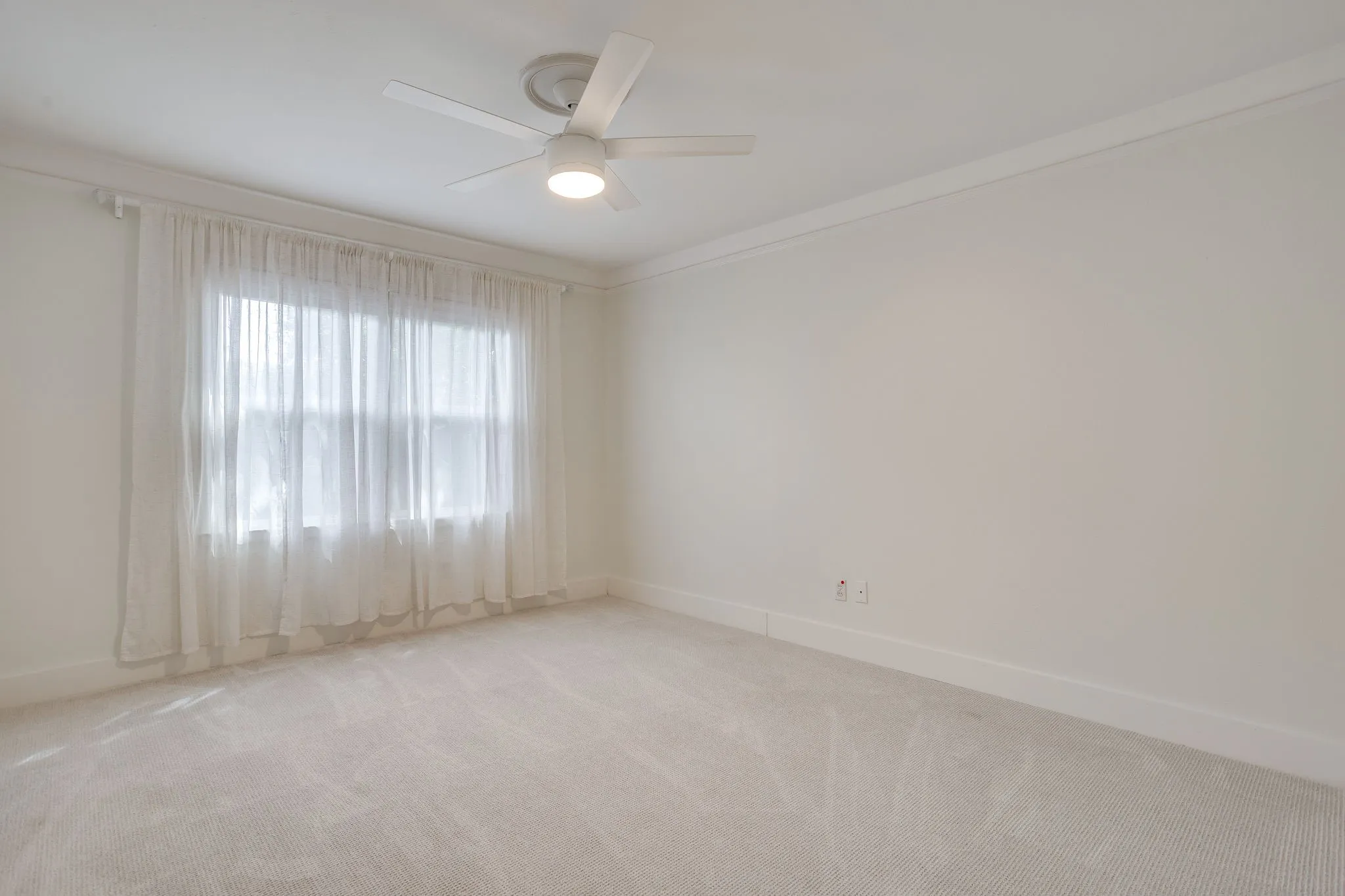 Wall-to-wall carpeting, ceiling fan with integrated lighting, crown molding, and a large window