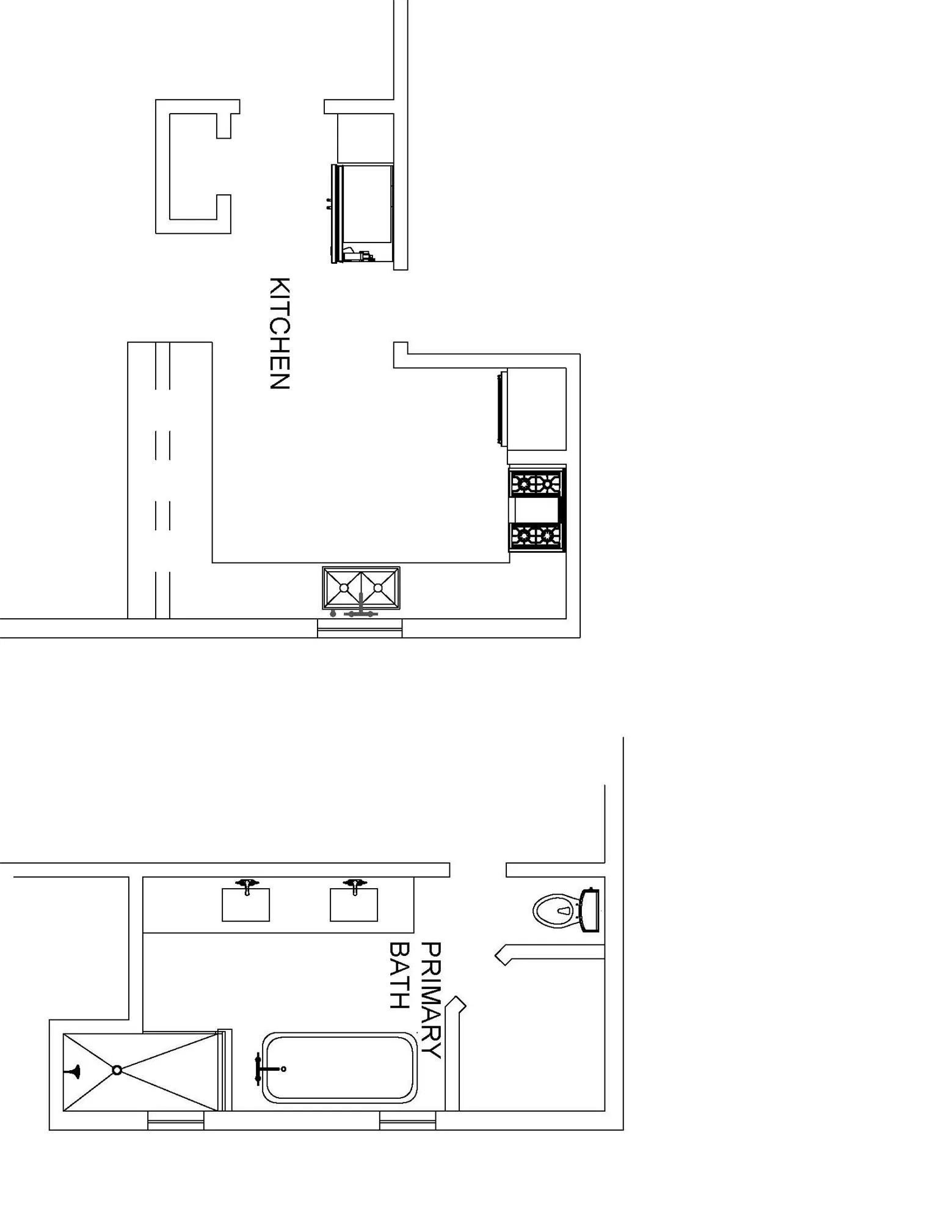 CAD Rendering of potential renovation in kitchen & primary bathroom