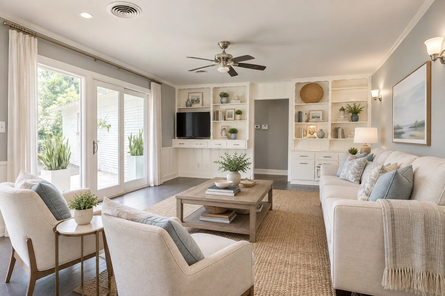 Spacious living area featuring custom built-in shelving, dark wood-finish flooring, and a ceiling fan