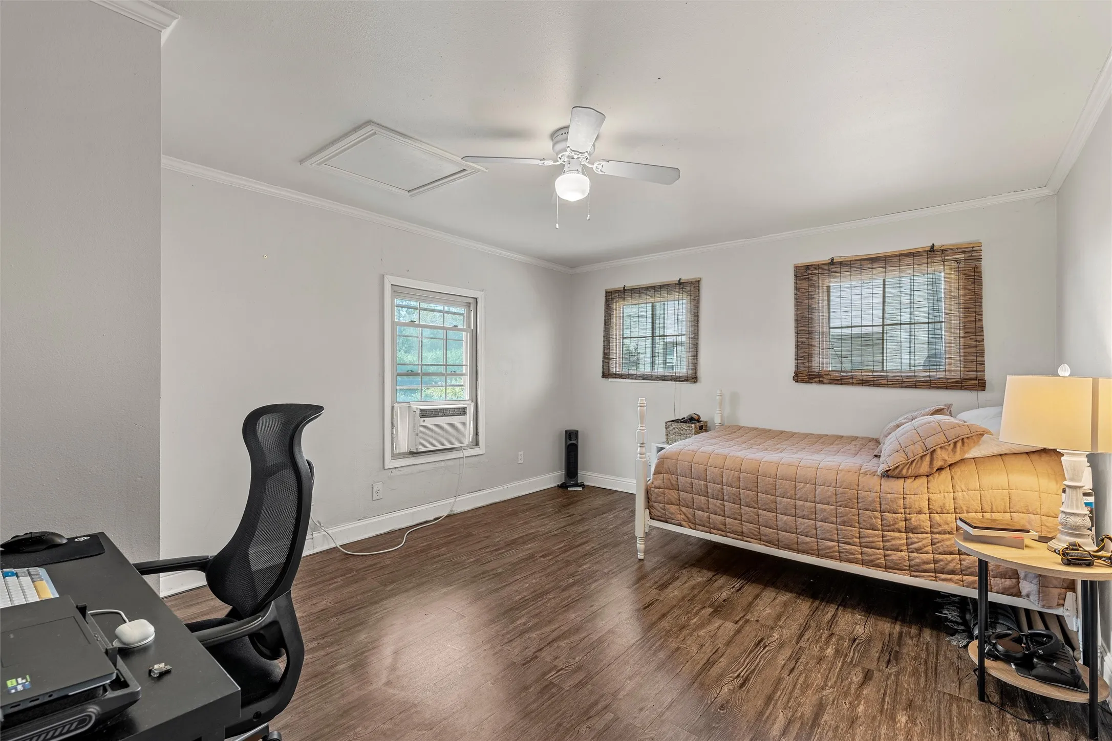 Recessed ceiling, wood-finish flooring, white trim, ceiling fan, and multiple windows