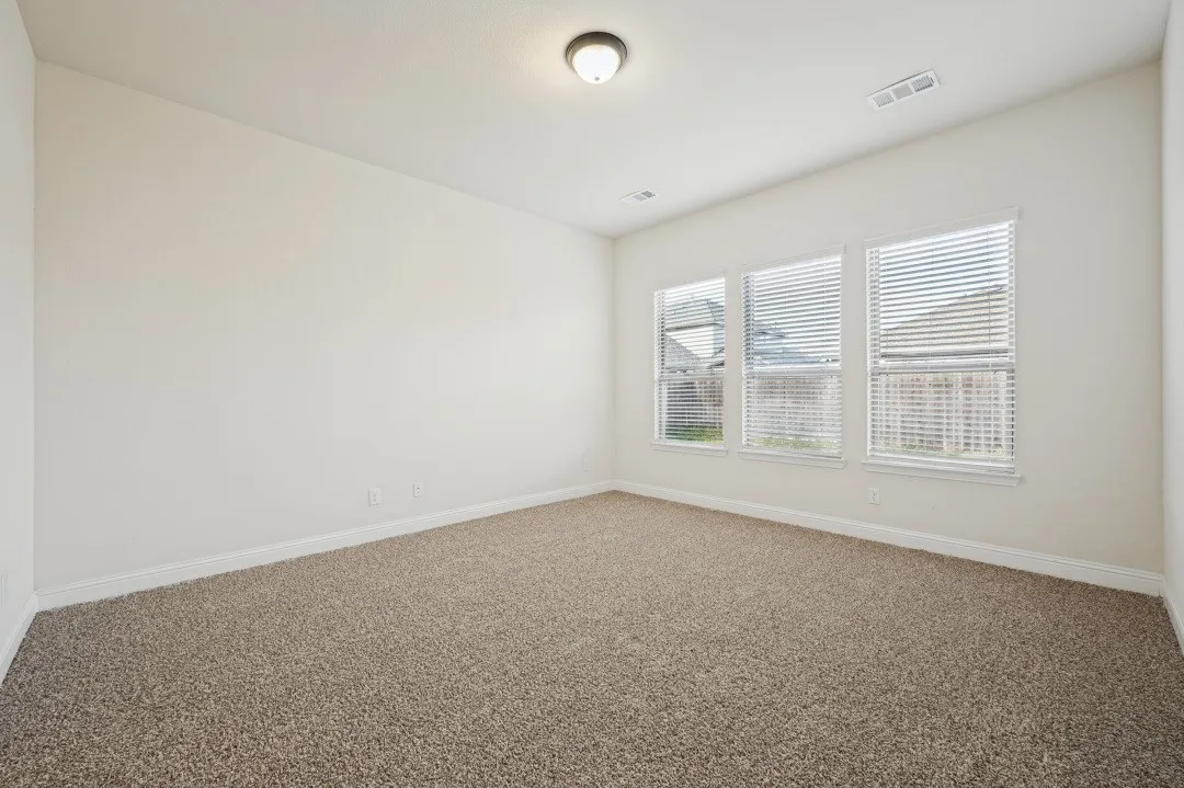 Neutral wall finishes, textured carpeting, multiple windows with blinds, and ceiling-mounted lighting