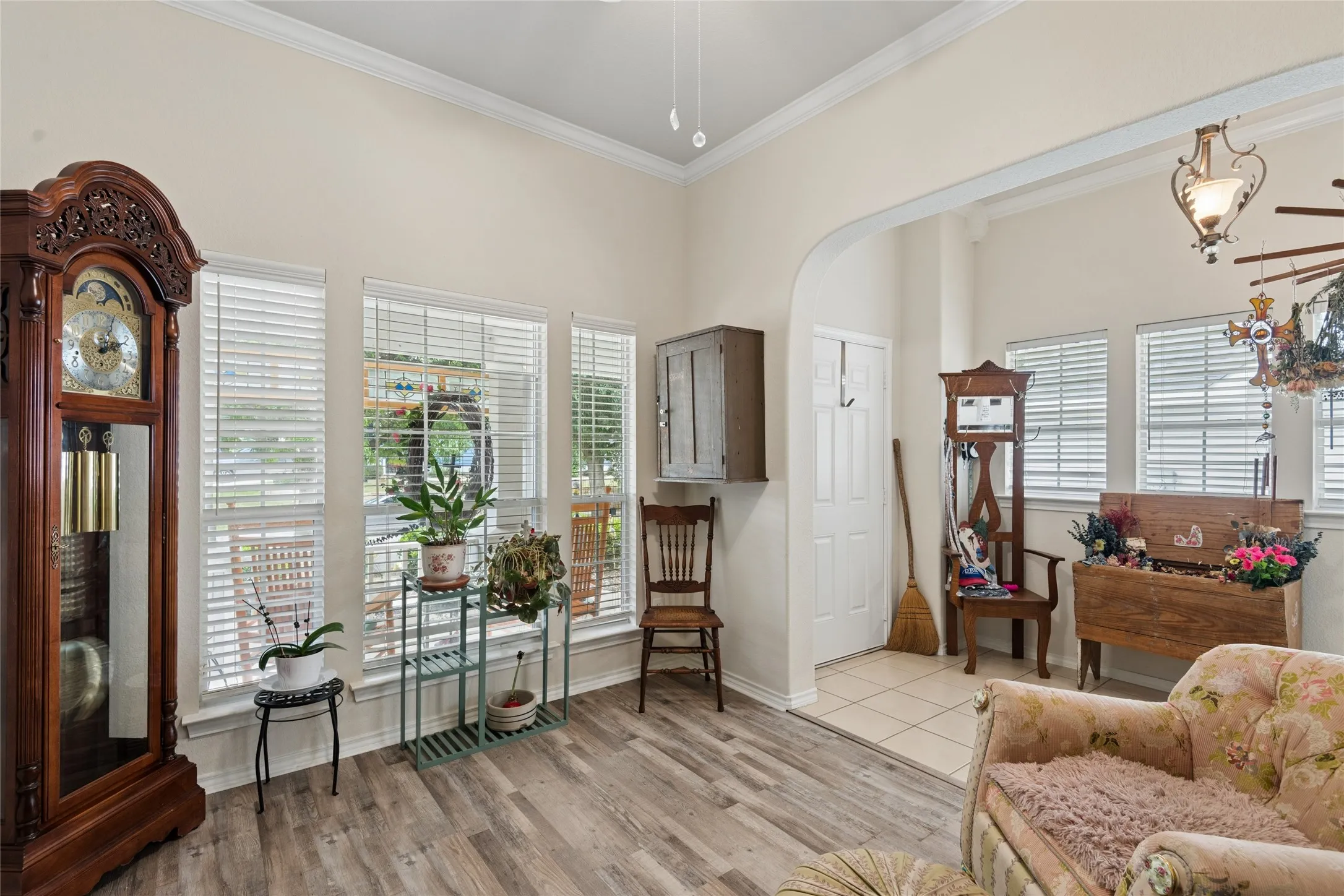 Crown molding accentuates the high ceilings
