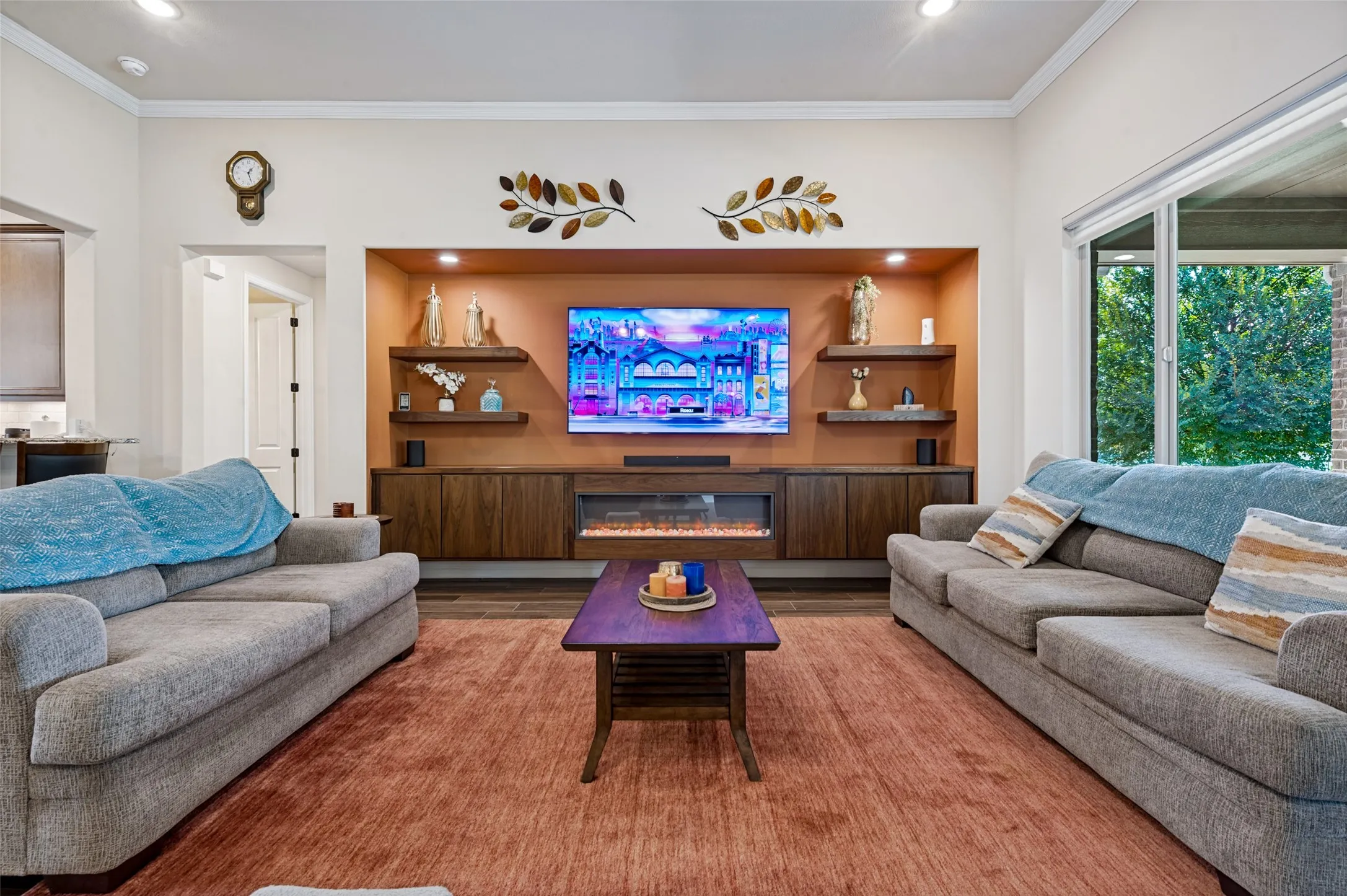 Large living room with crown molding
