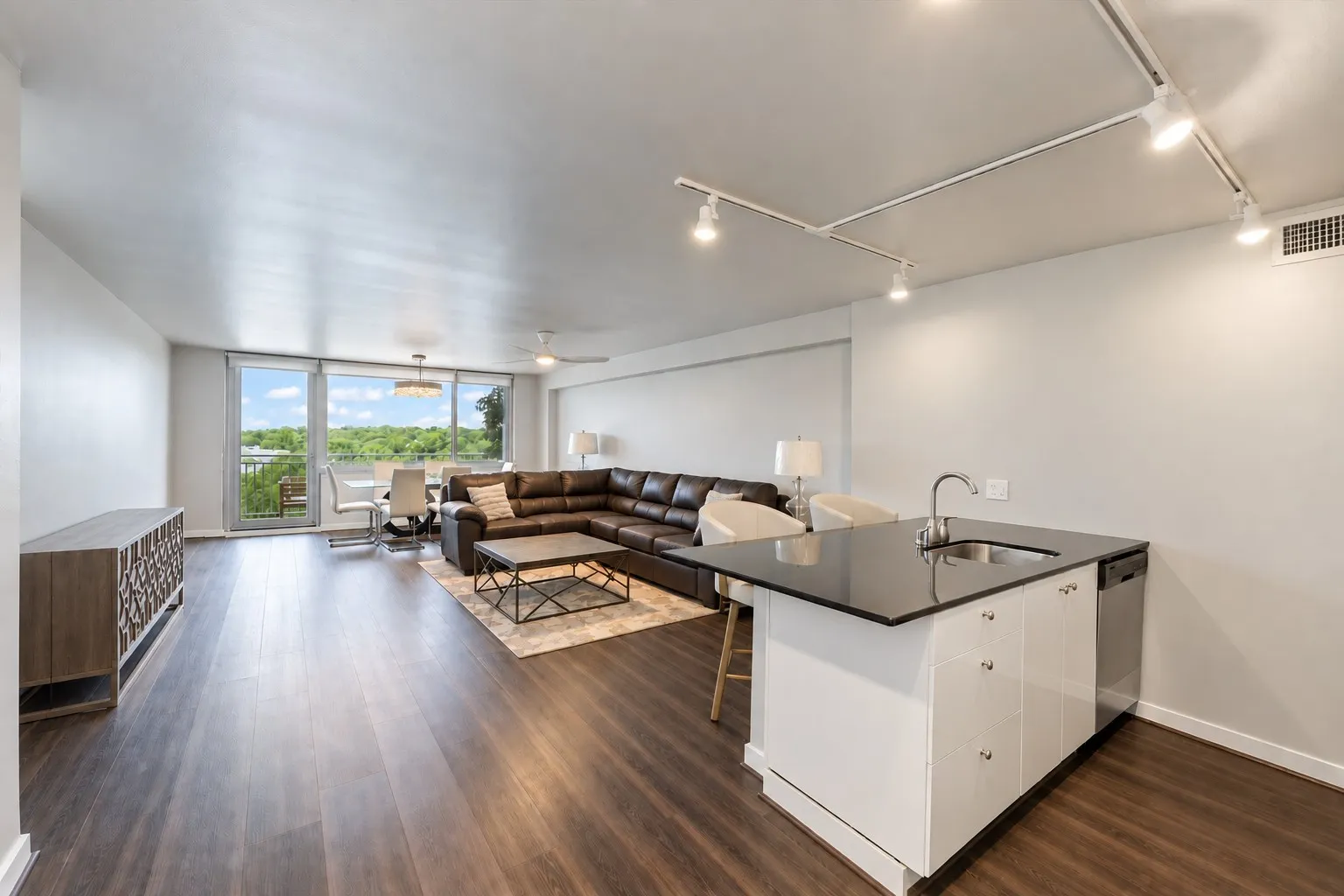 Wood-finish flooring throughout, full-height sliding glass doors, kitchen island with sink and integrated dishwasher, track lighting, and ceiling fan