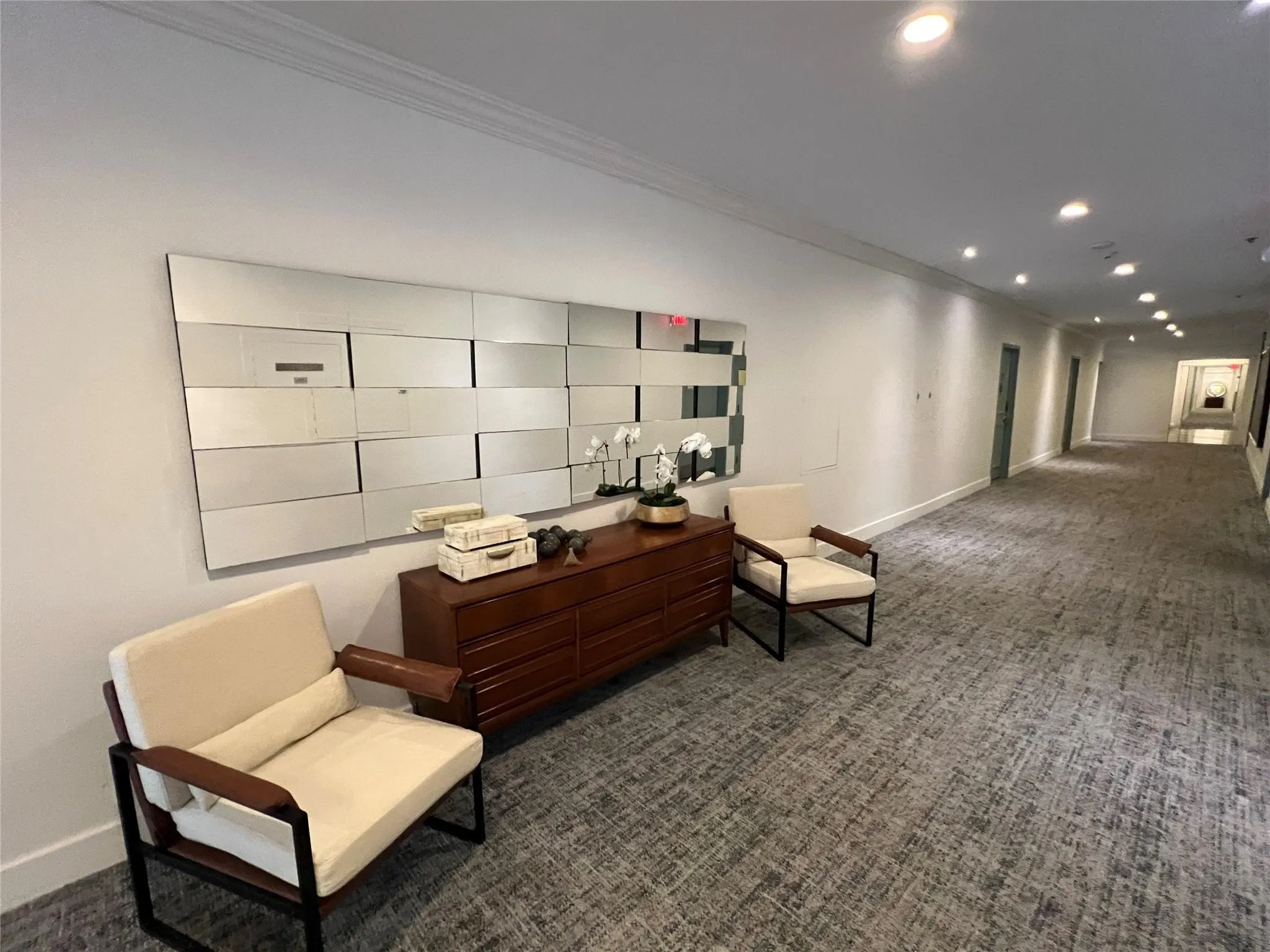 Recessed lighting illuminating a hallway with crown molding, patterned carpeting, and a mirror wall art feature
