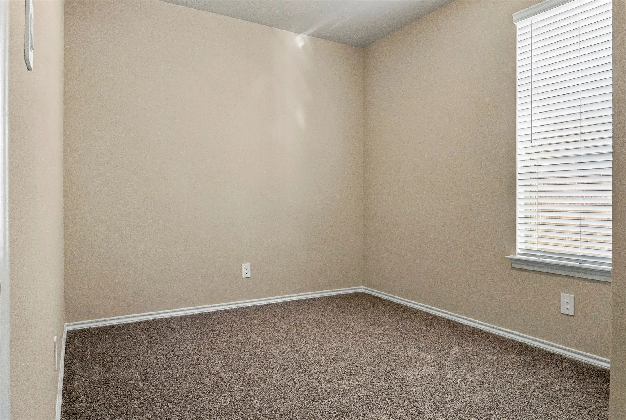 Neutral wall color, carpet flooring, window with blinds, and white trim