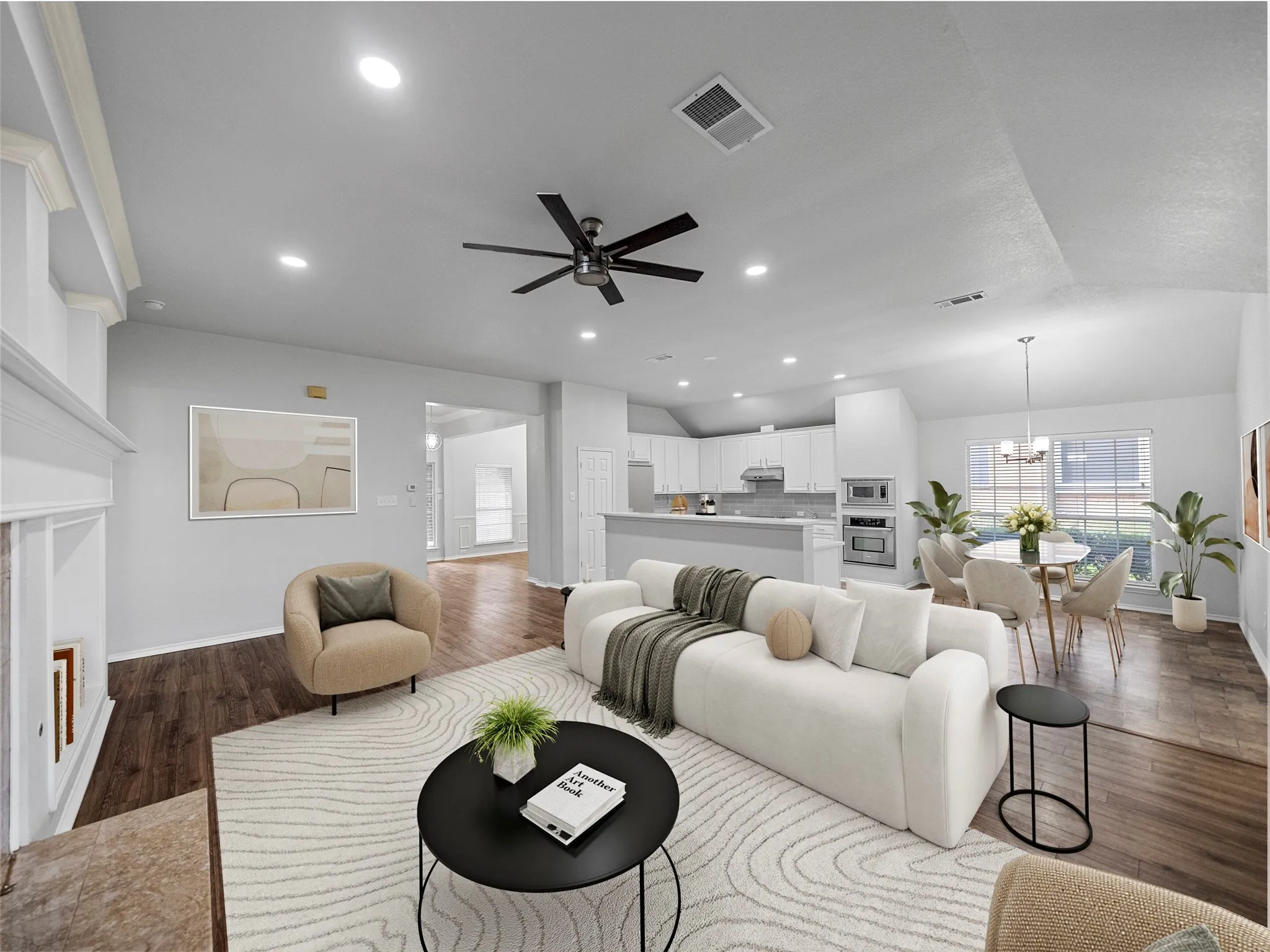Vaulted ceilings with recessed lighting, wood-finish flooring, and a contemporary ceiling fan