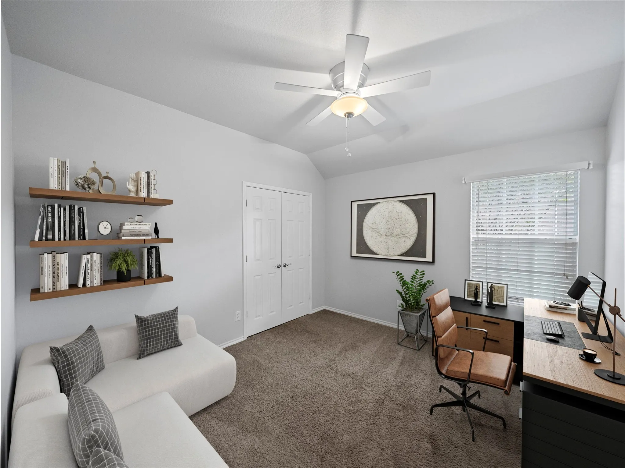 Vaulted ceiling with a ceiling fan, plush carpeting, double-door closet, and a window with blinds