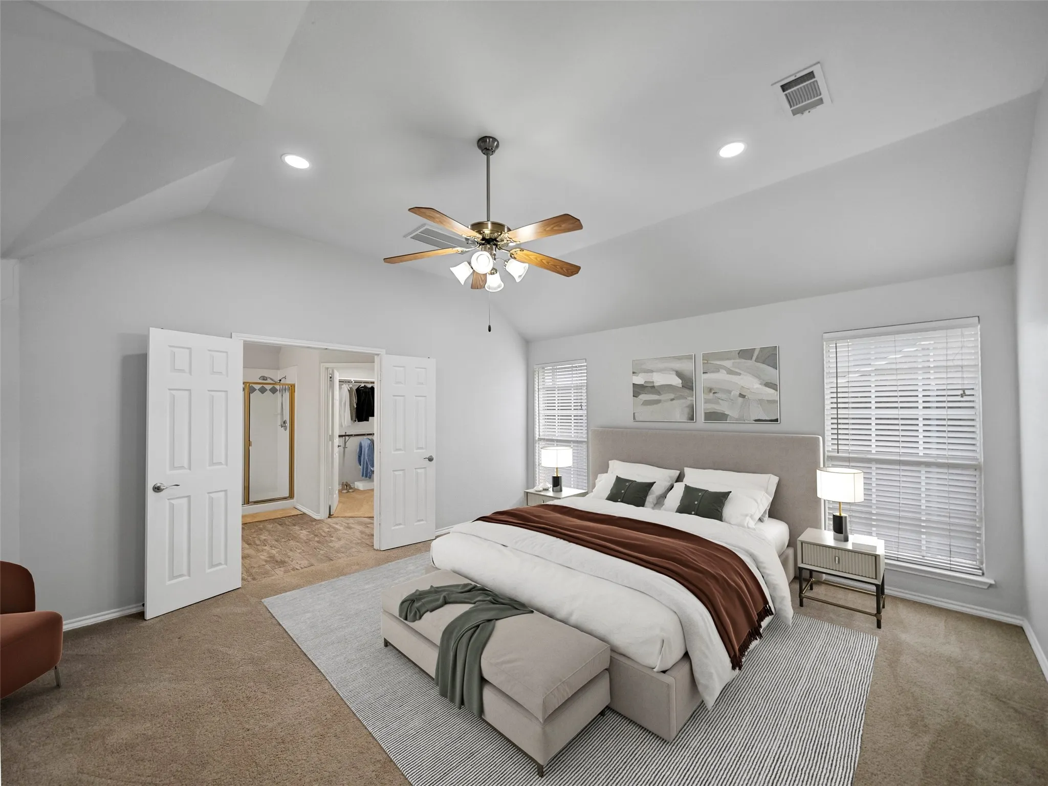 Vaulted ceilings, recessed lighting, ceiling fan with light fixture, double windows with blinds, and paneled doors